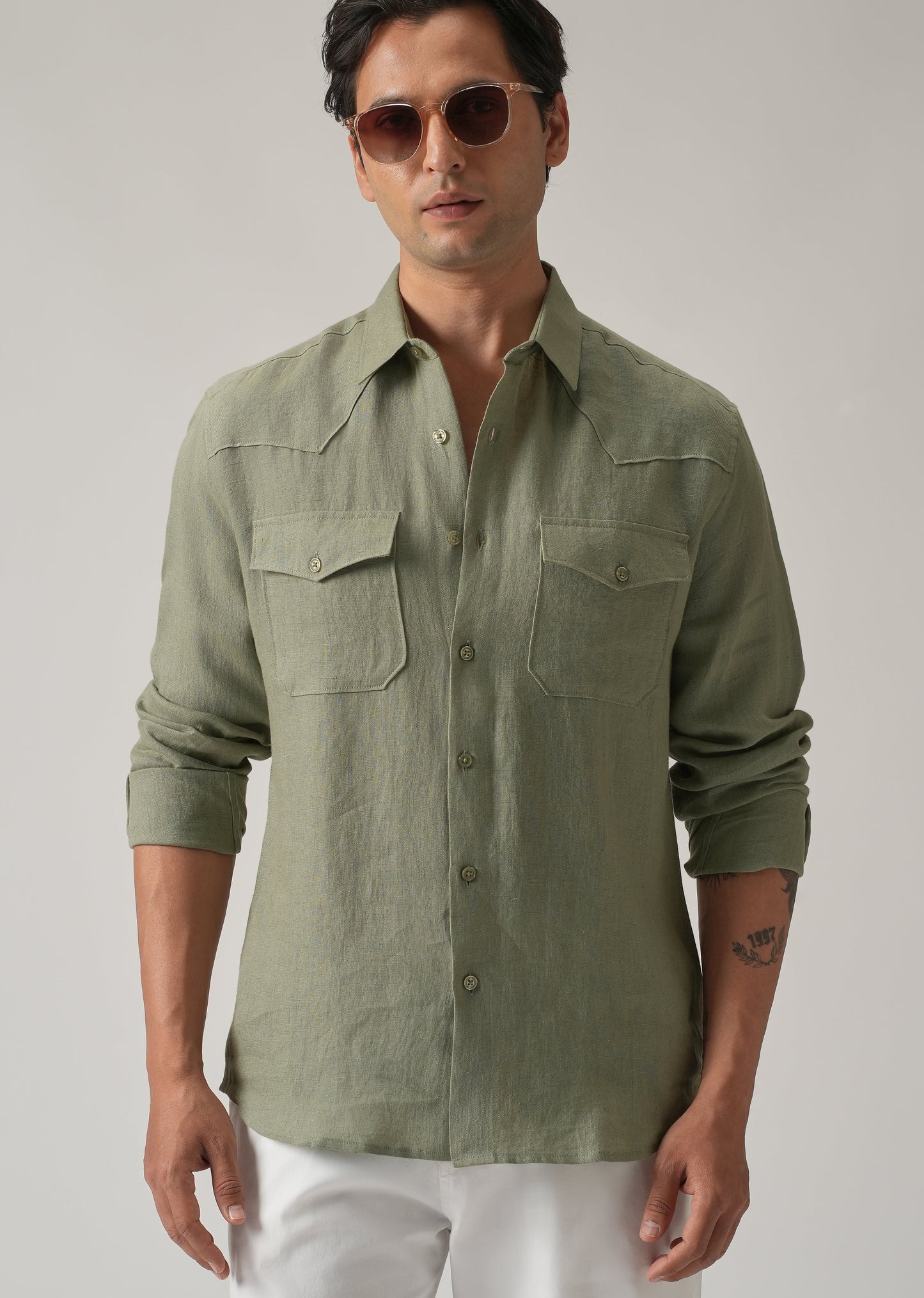 Green Double Pocket 100% Pure Irish Linen Shirt