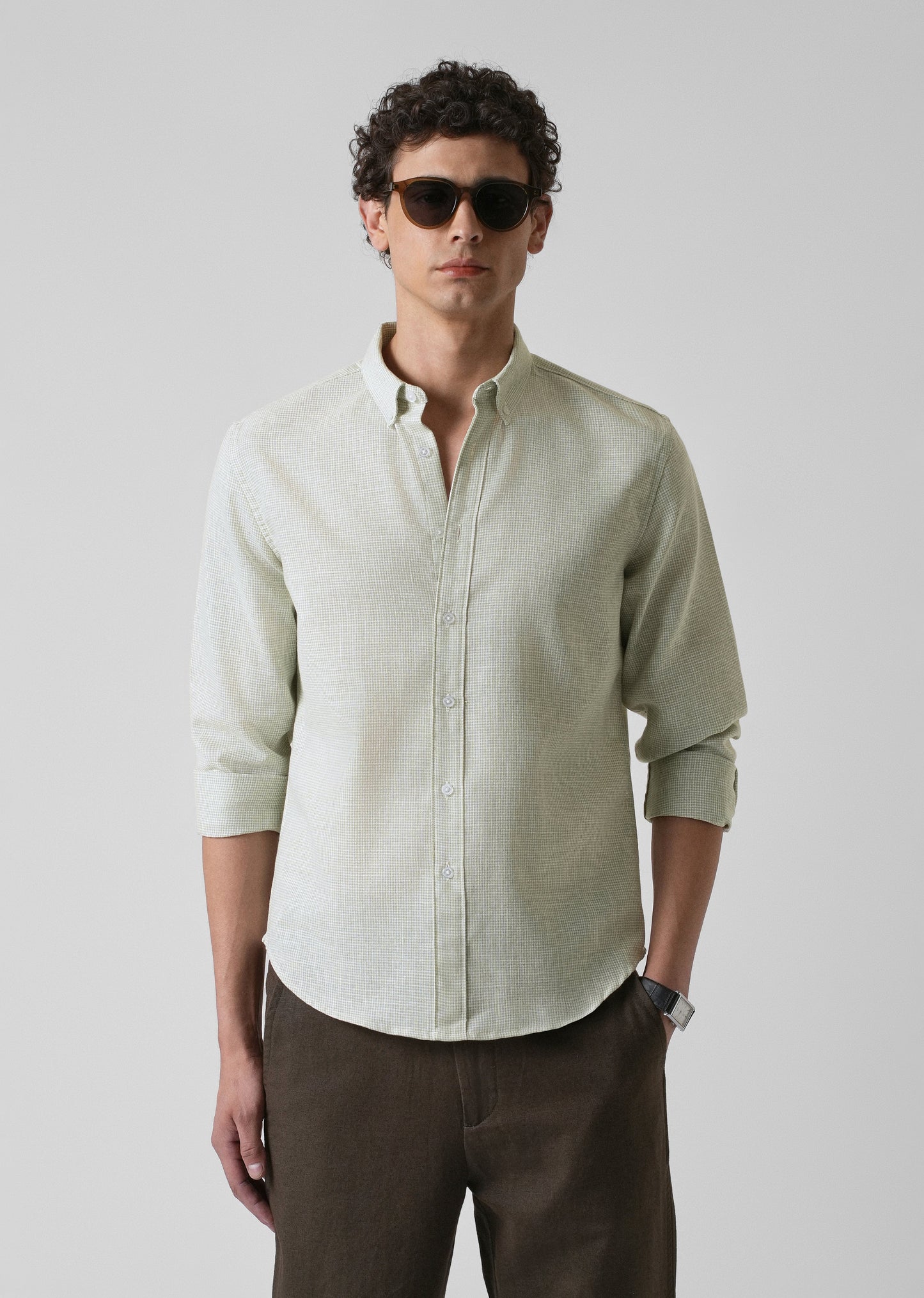 Green Micro Checks Blended Cotton Shirt