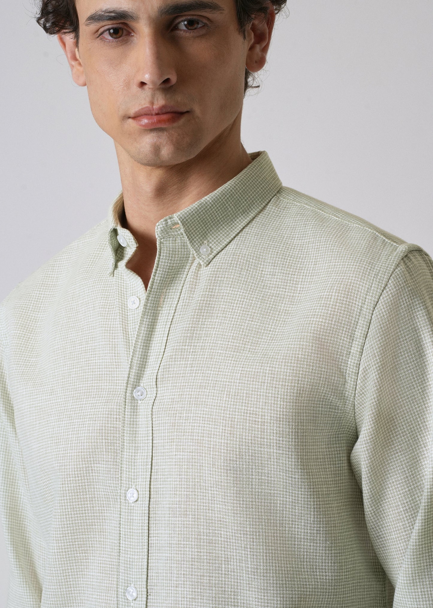 Green Micro Checks Blended Cotton Shirt