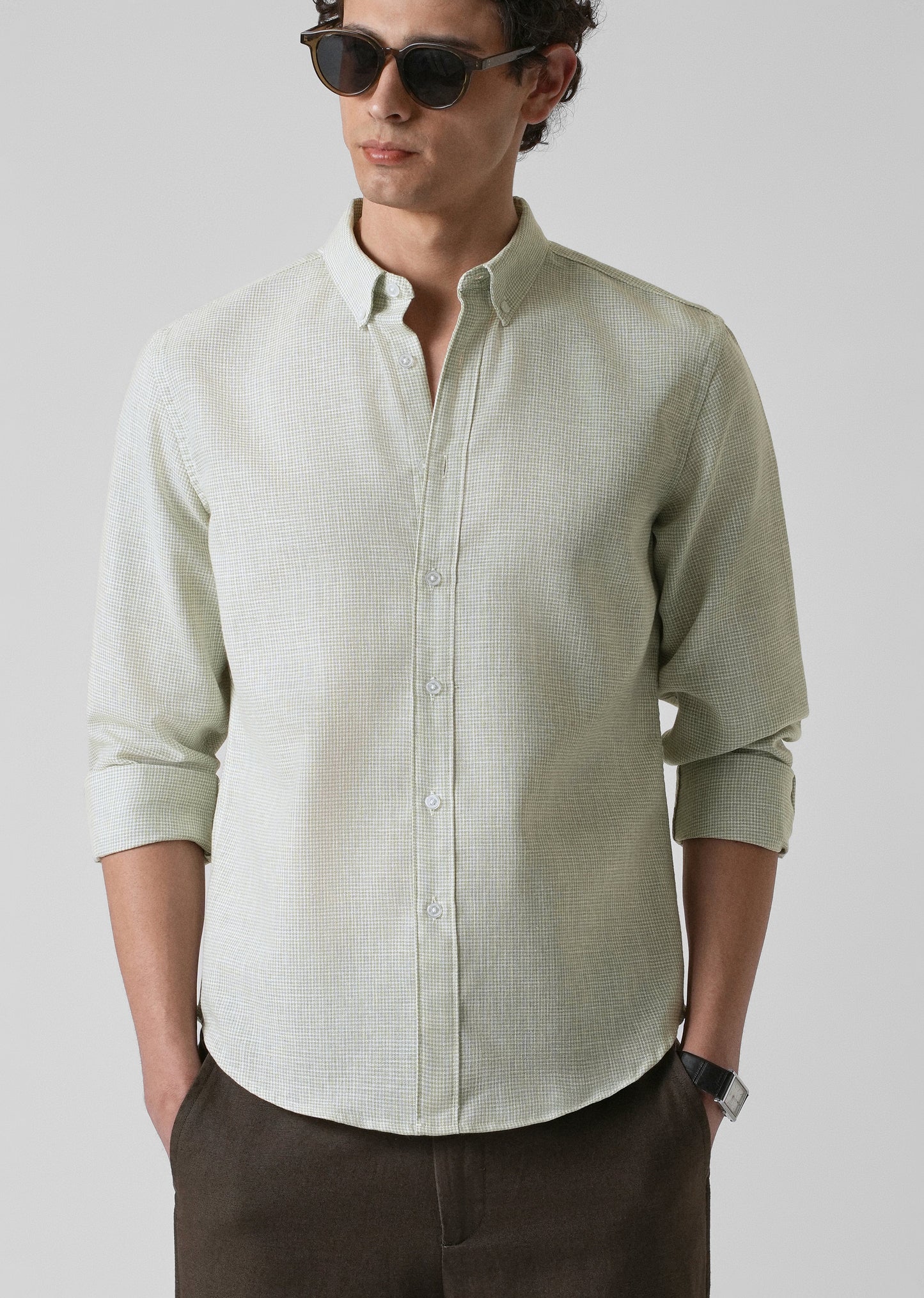 Green Micro Checks Blended Cotton Shirt