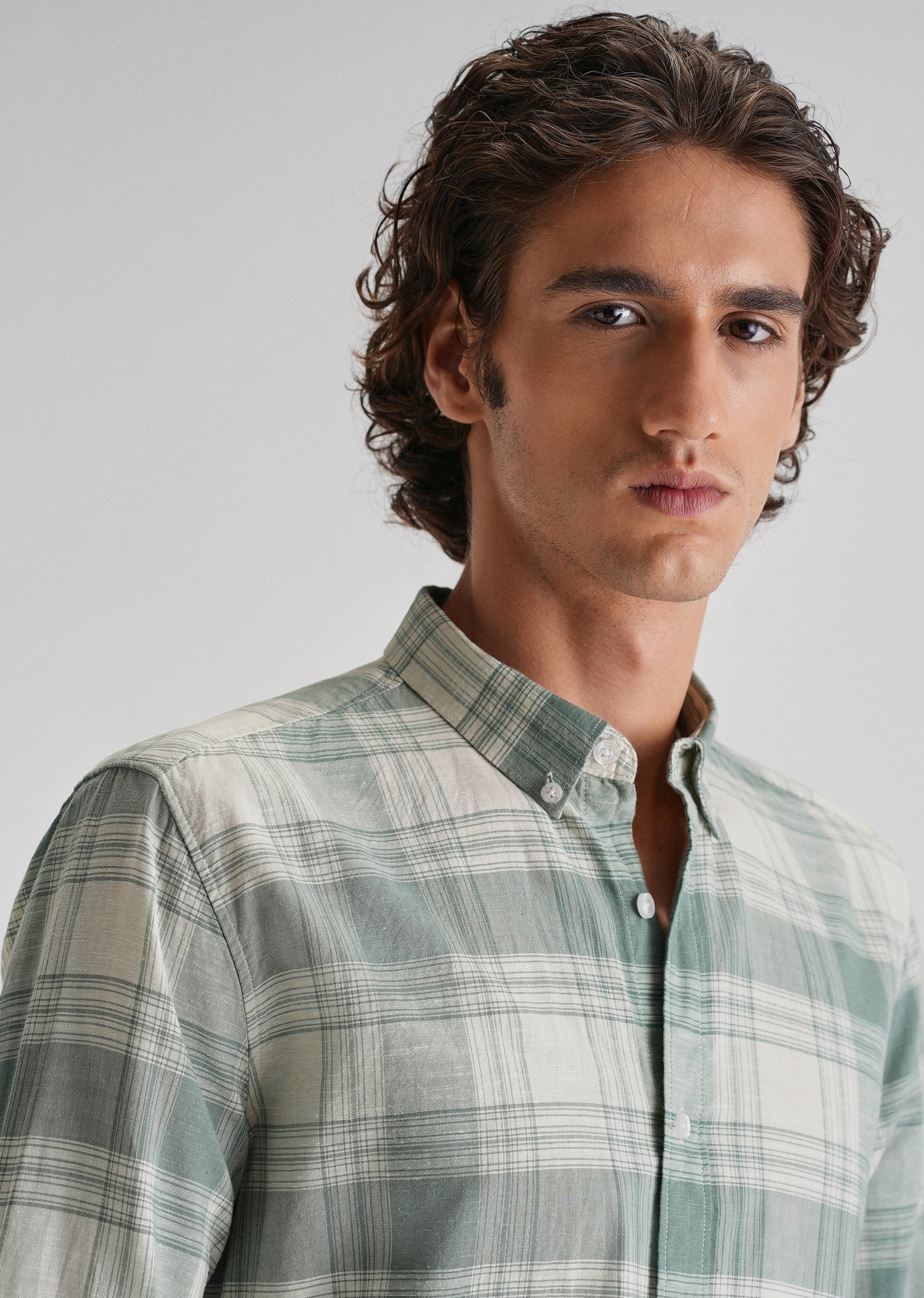 Green Plaid Checked Cotton Linen Shirt