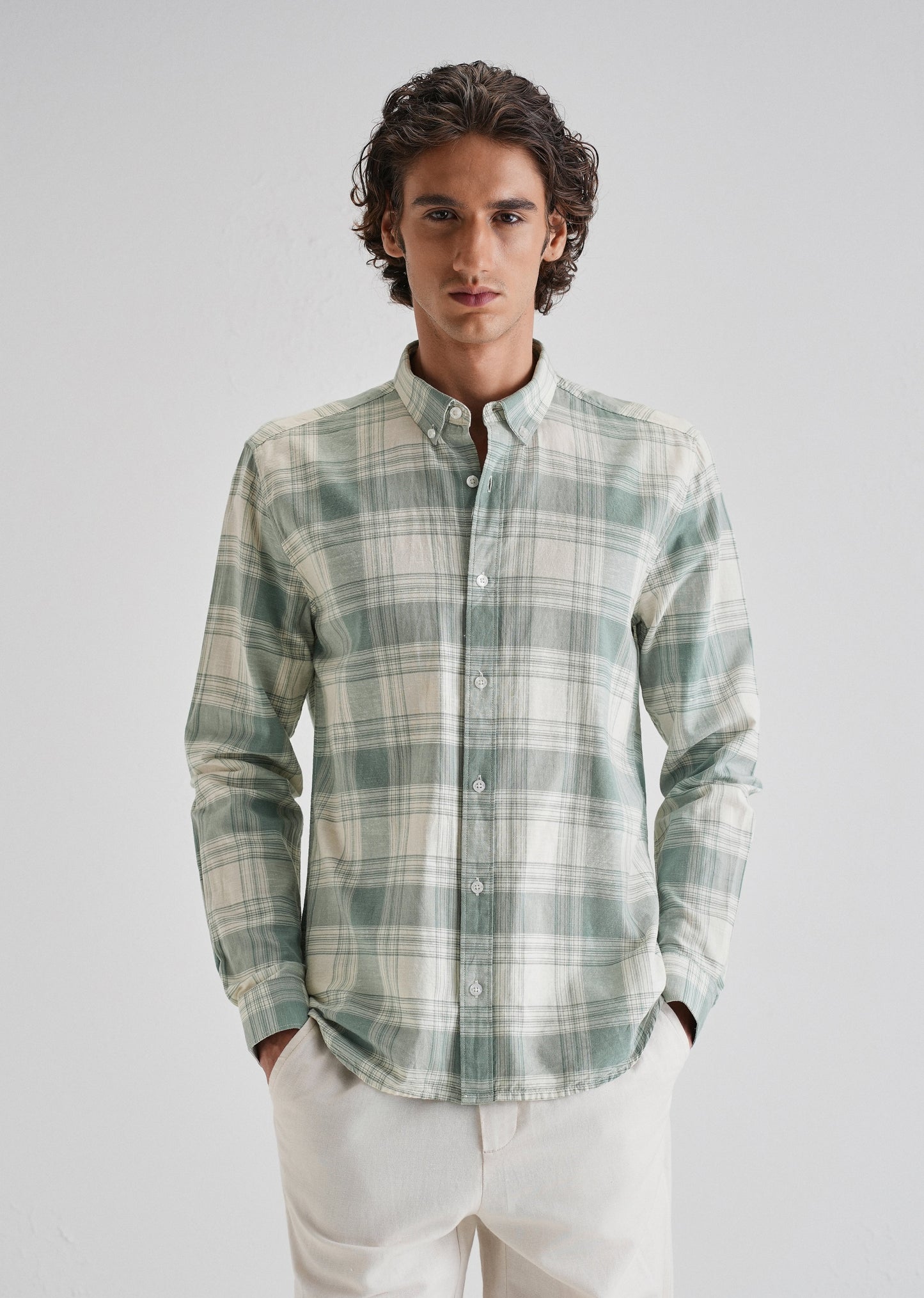 Green Plaid Checked Cotton Linen Shirt