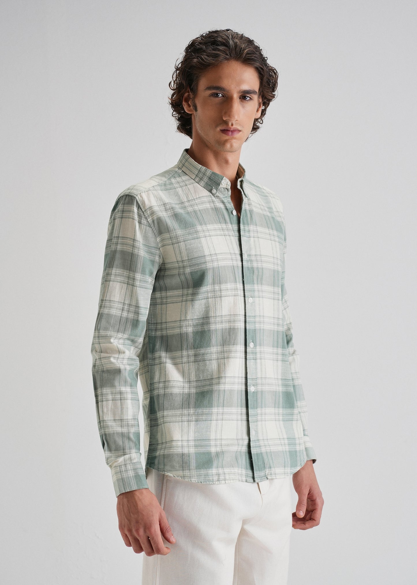 Green Plaid Checked Cotton Linen Shirt