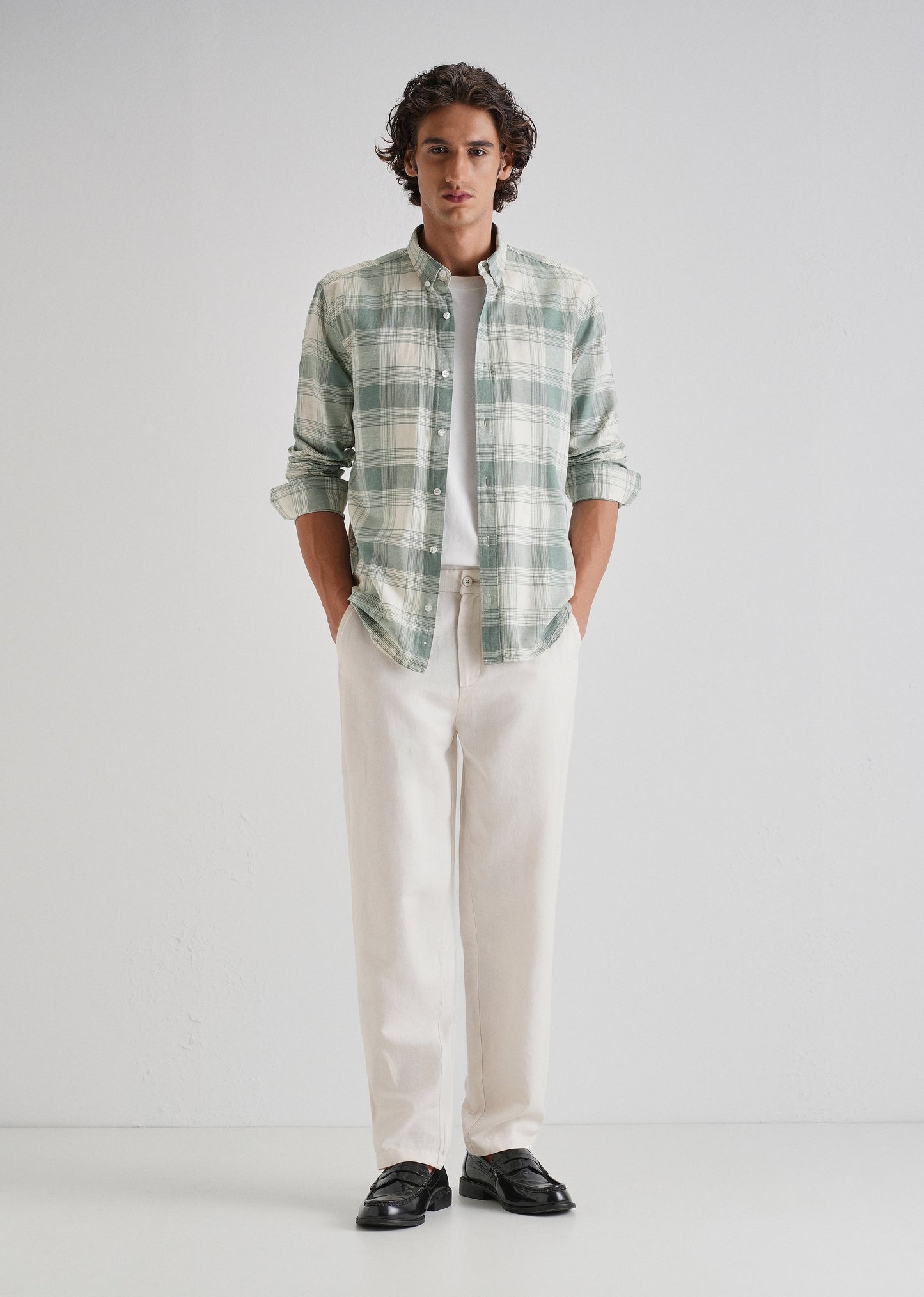Green Plaid Checked Cotton Linen Shirt