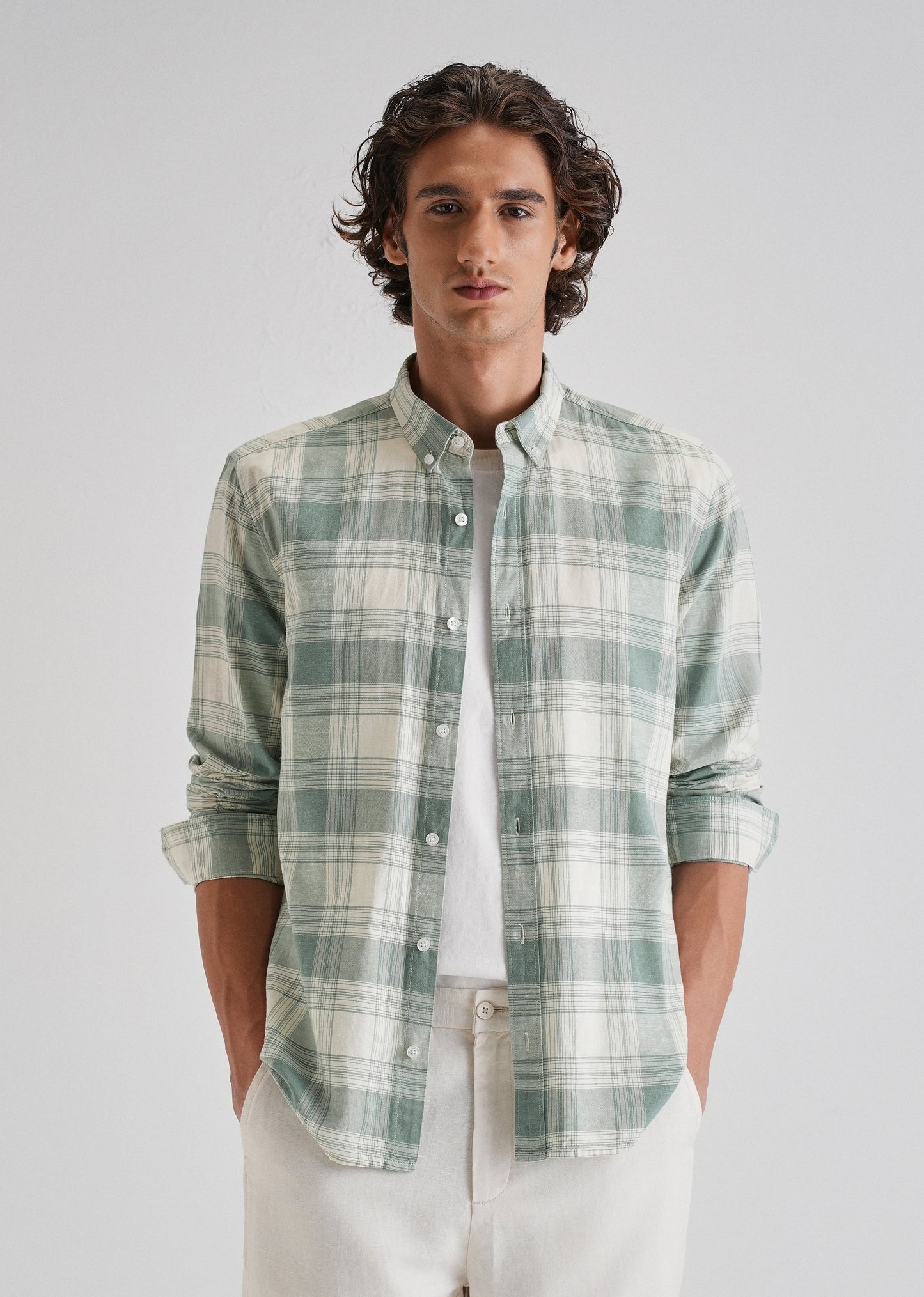 Green Plaid Checked Cotton Linen Shirt