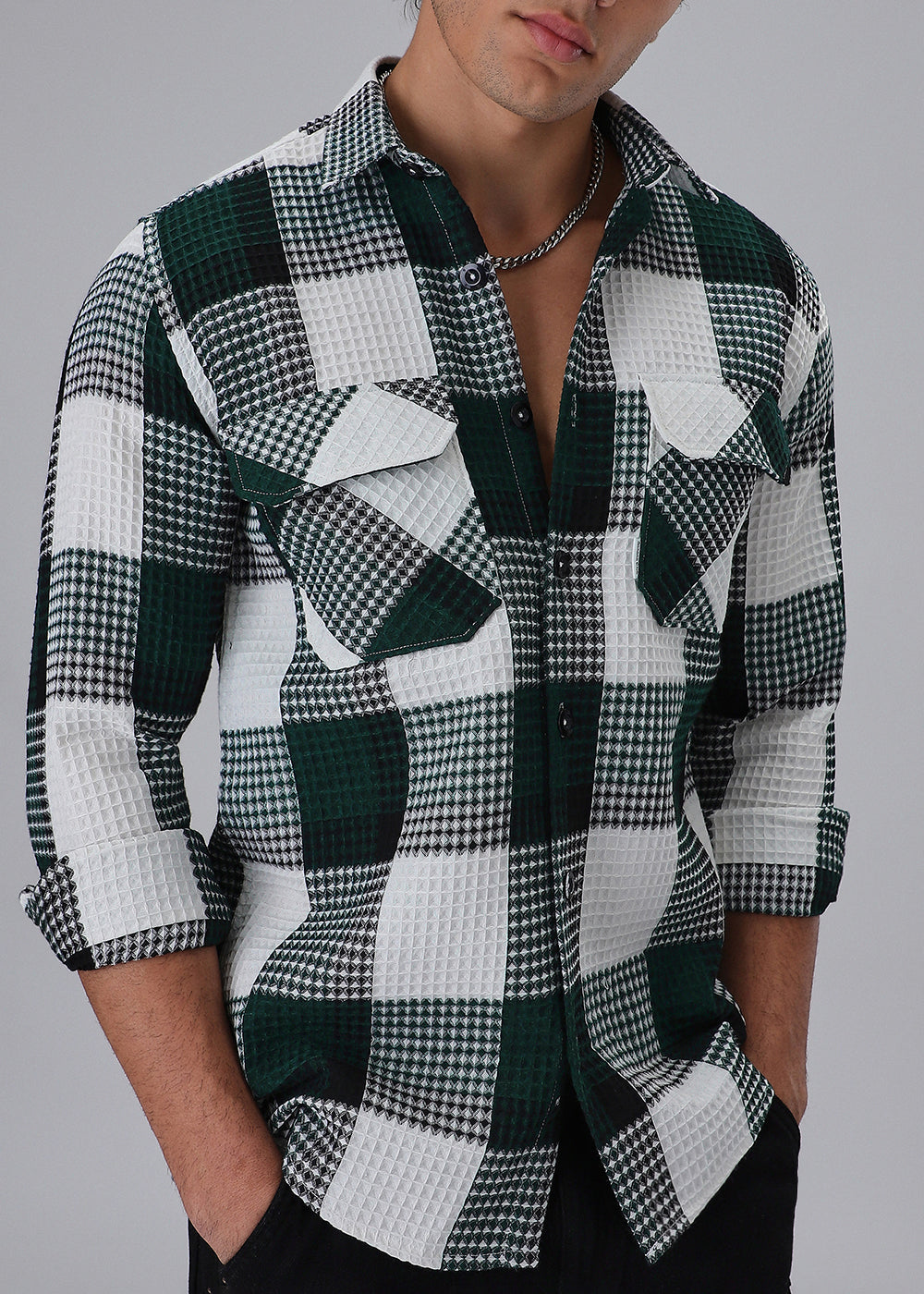 Green Waffle Plaid Check Shirt