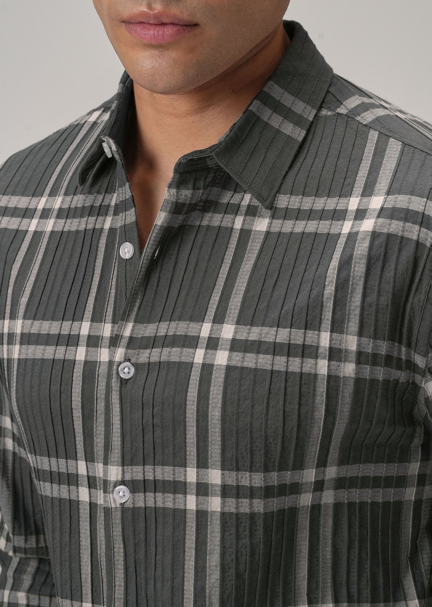 Self Pleat Grey Beige Check Shirt
