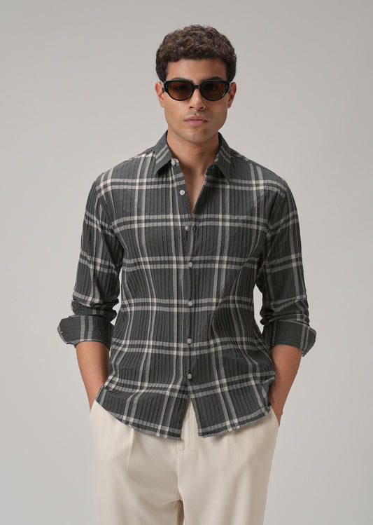 Self Pleat Grey Beige Check Shirt