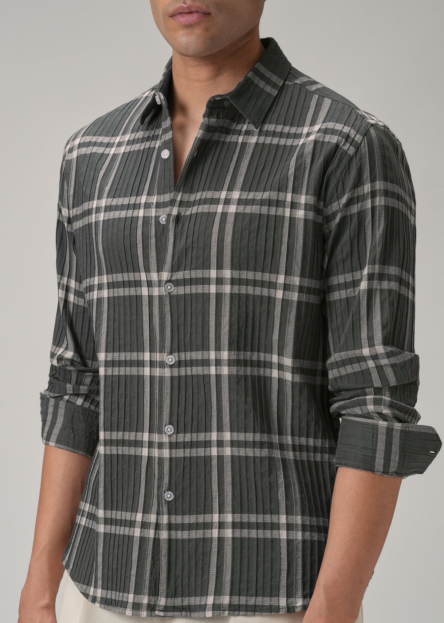 Self Pleat Grey Beige Check Shirt