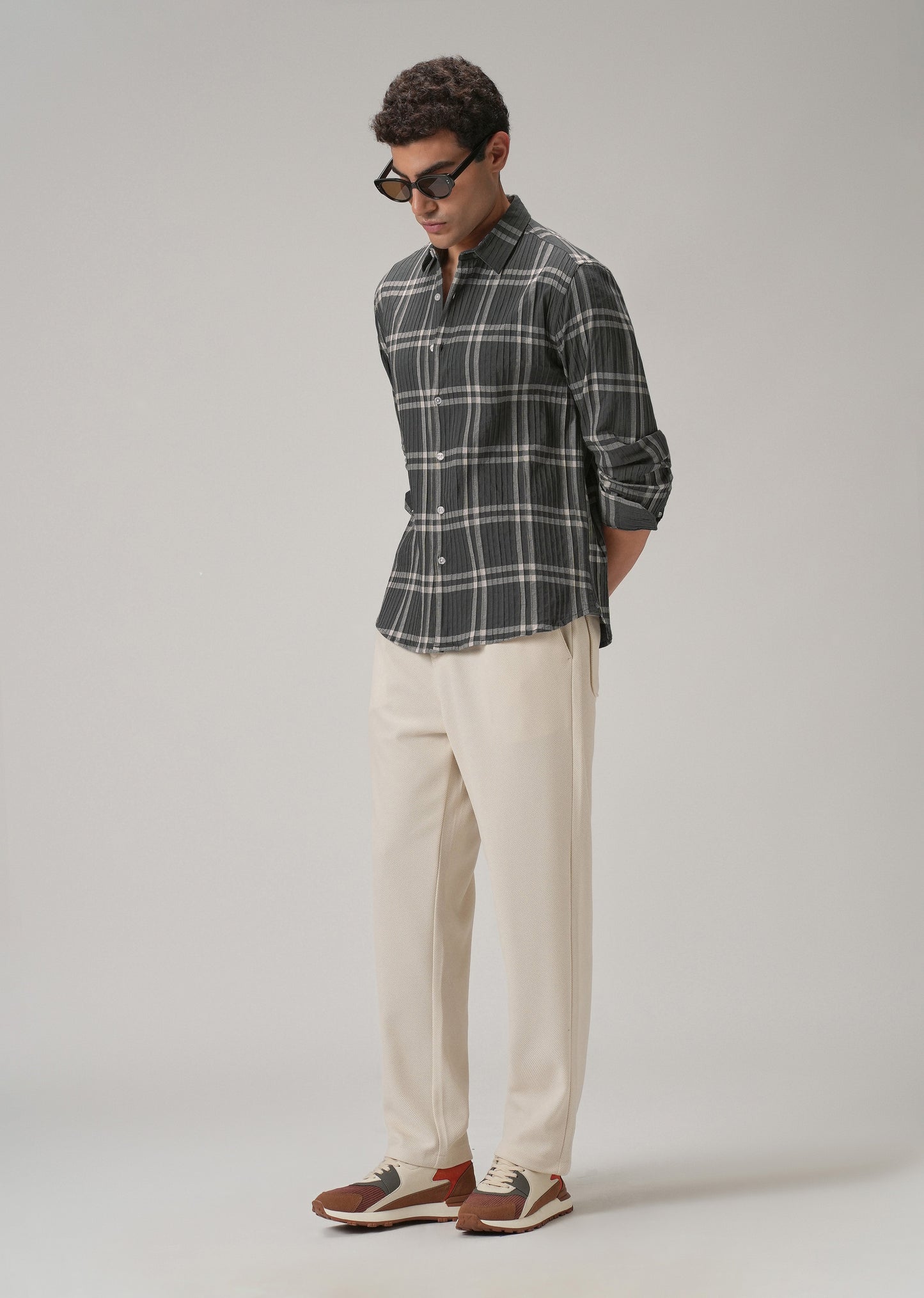 Self Pleat Grey Beige Check Shirt