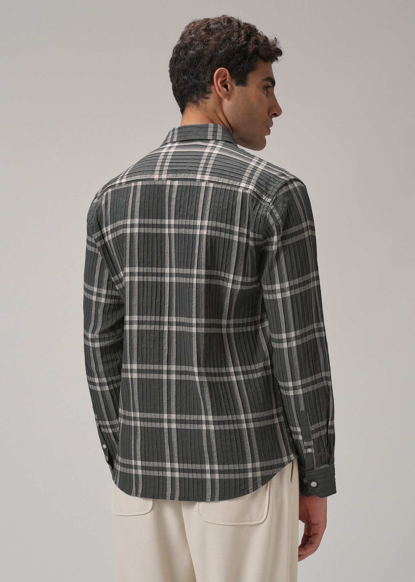 Self Pleat Grey Beige Check Shirt