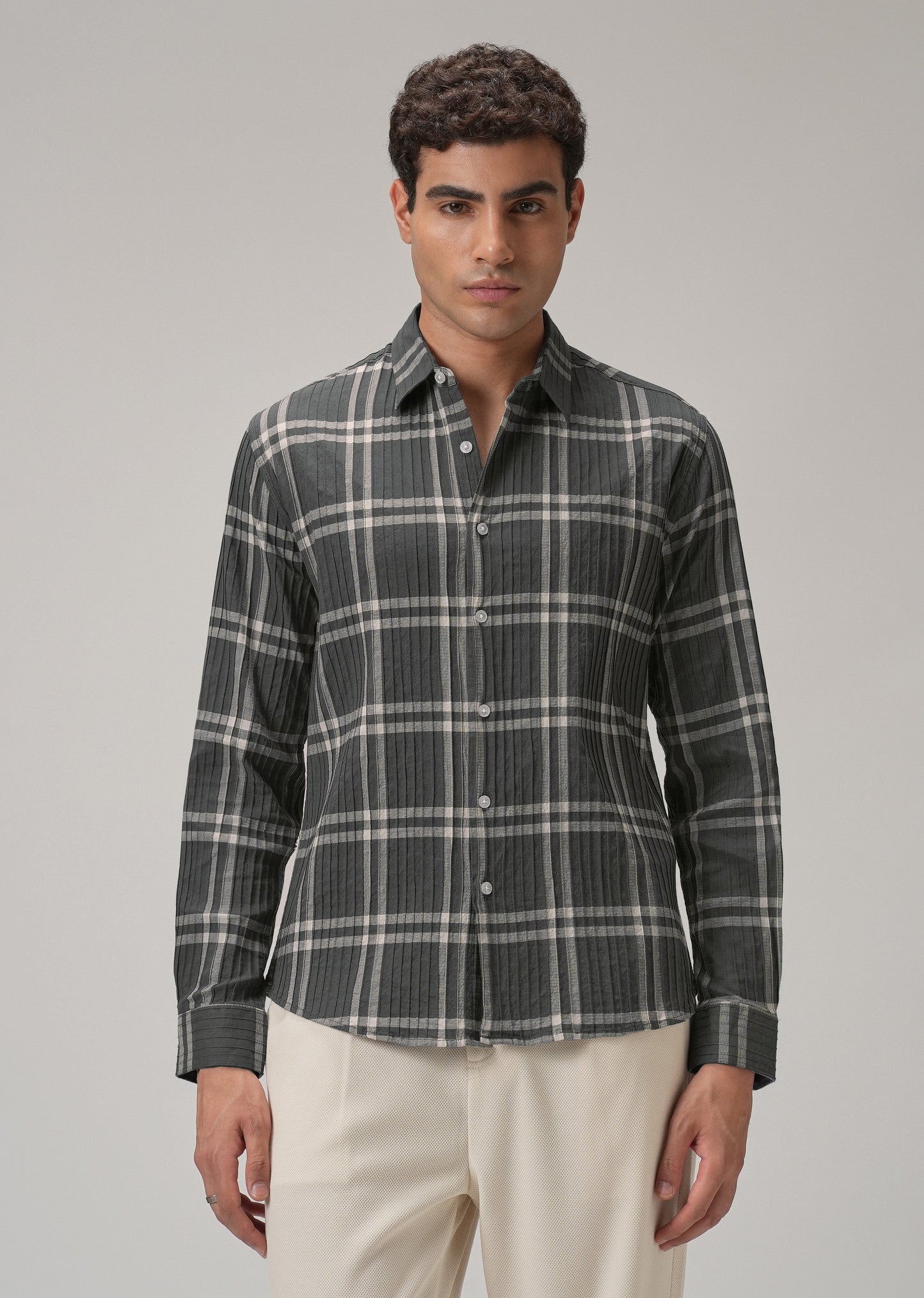 Self Pleat Grey Beige Check Shirt