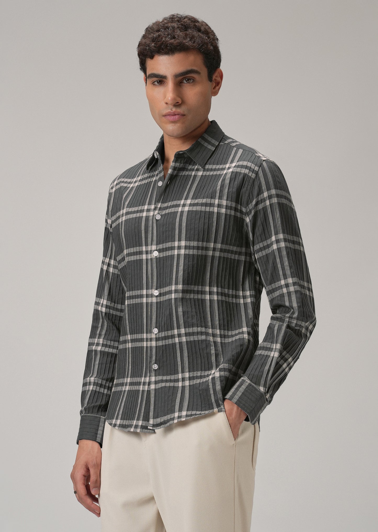 Self Pleat Grey Beige Check Shirt