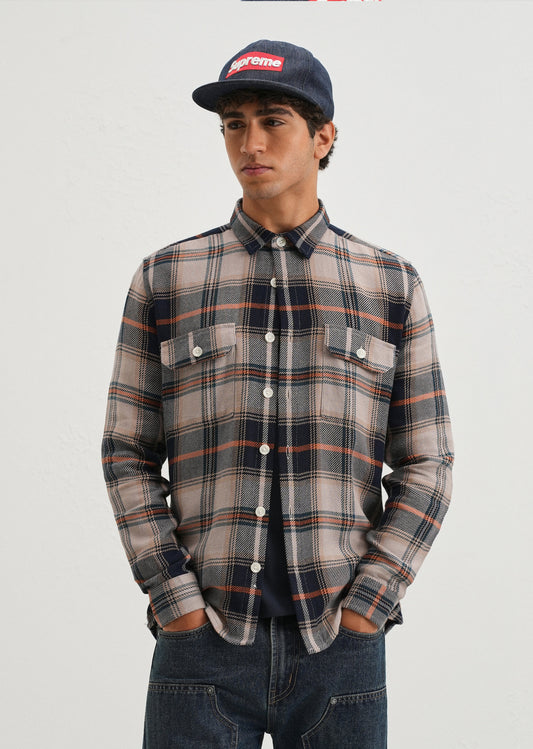 Grey Brushed Cotton Check Shirt