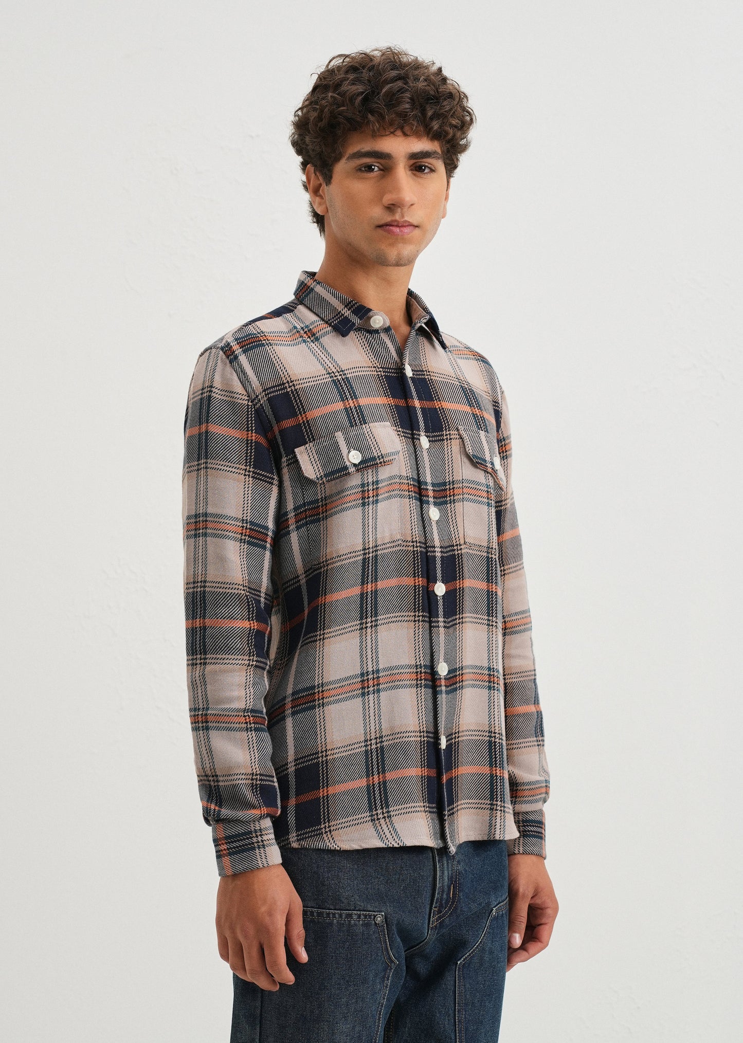 Grey Brushed Cotton Check Shirt