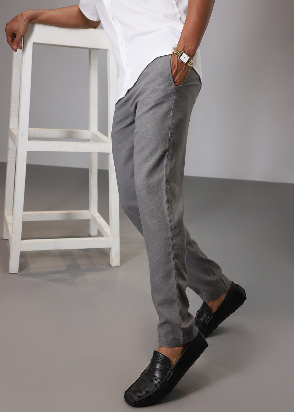 Grey Comfort Fit Linen Pant