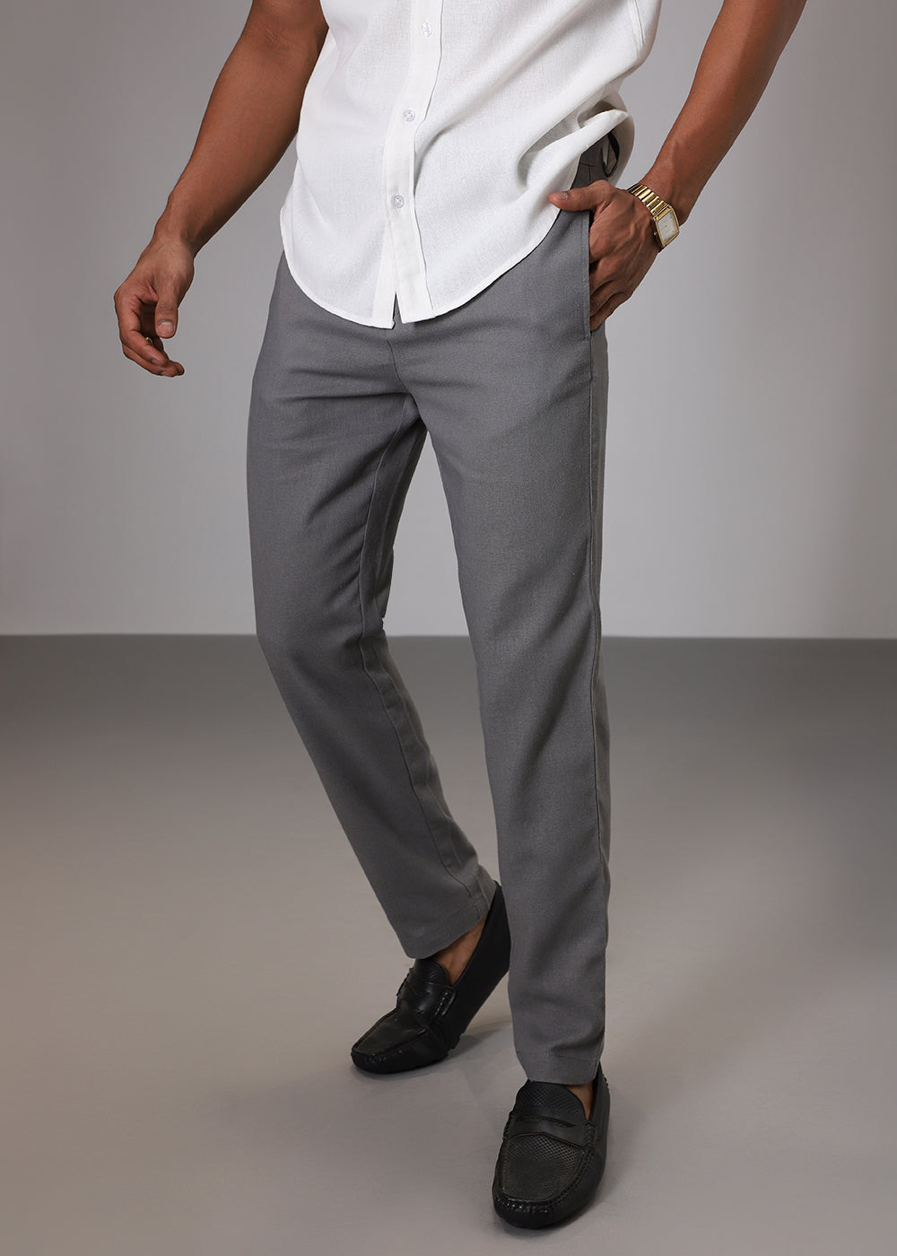 Grey Comfort Fit Linen Pant