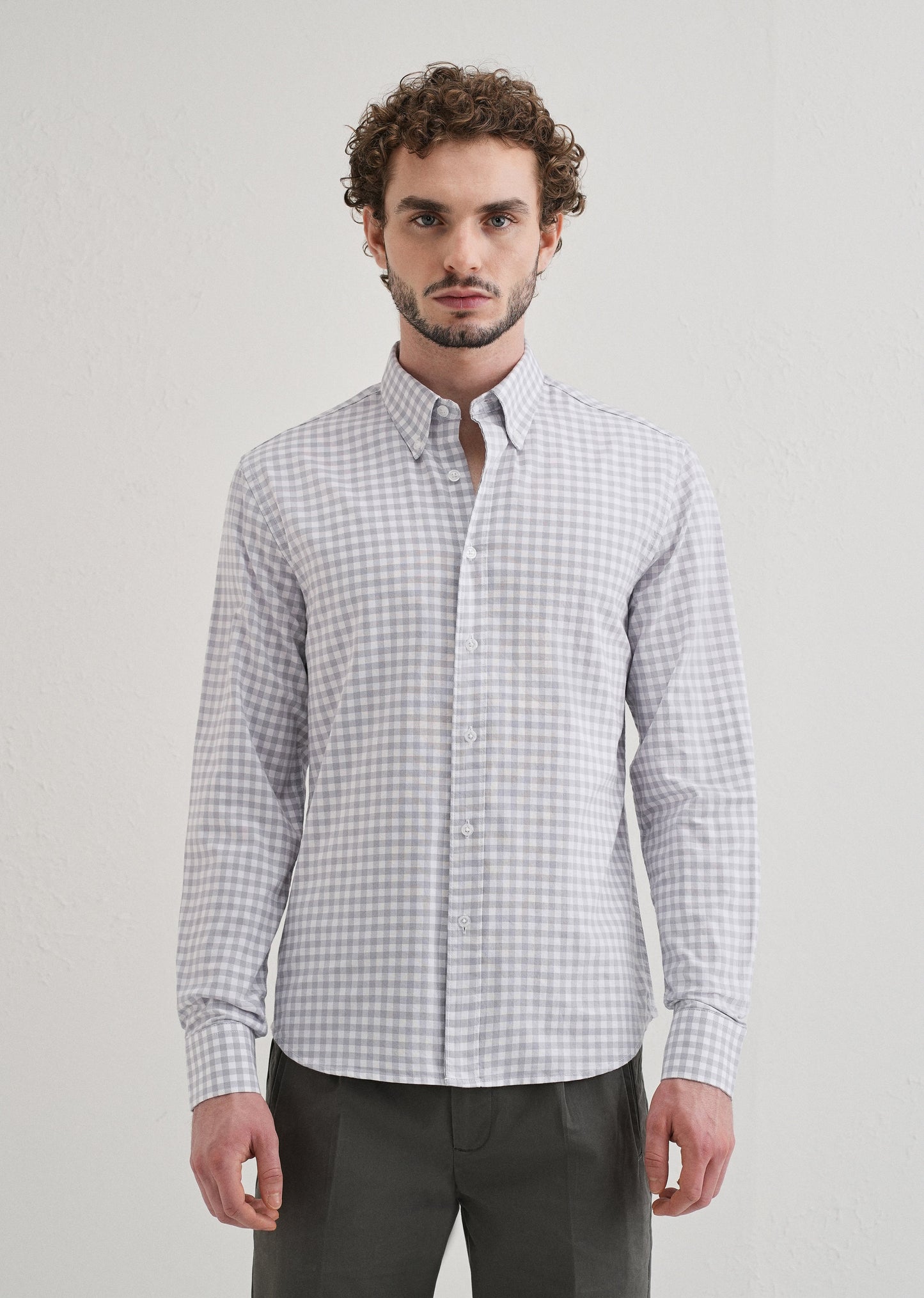 Grey Gingham Check Cotton Oxford Shirt