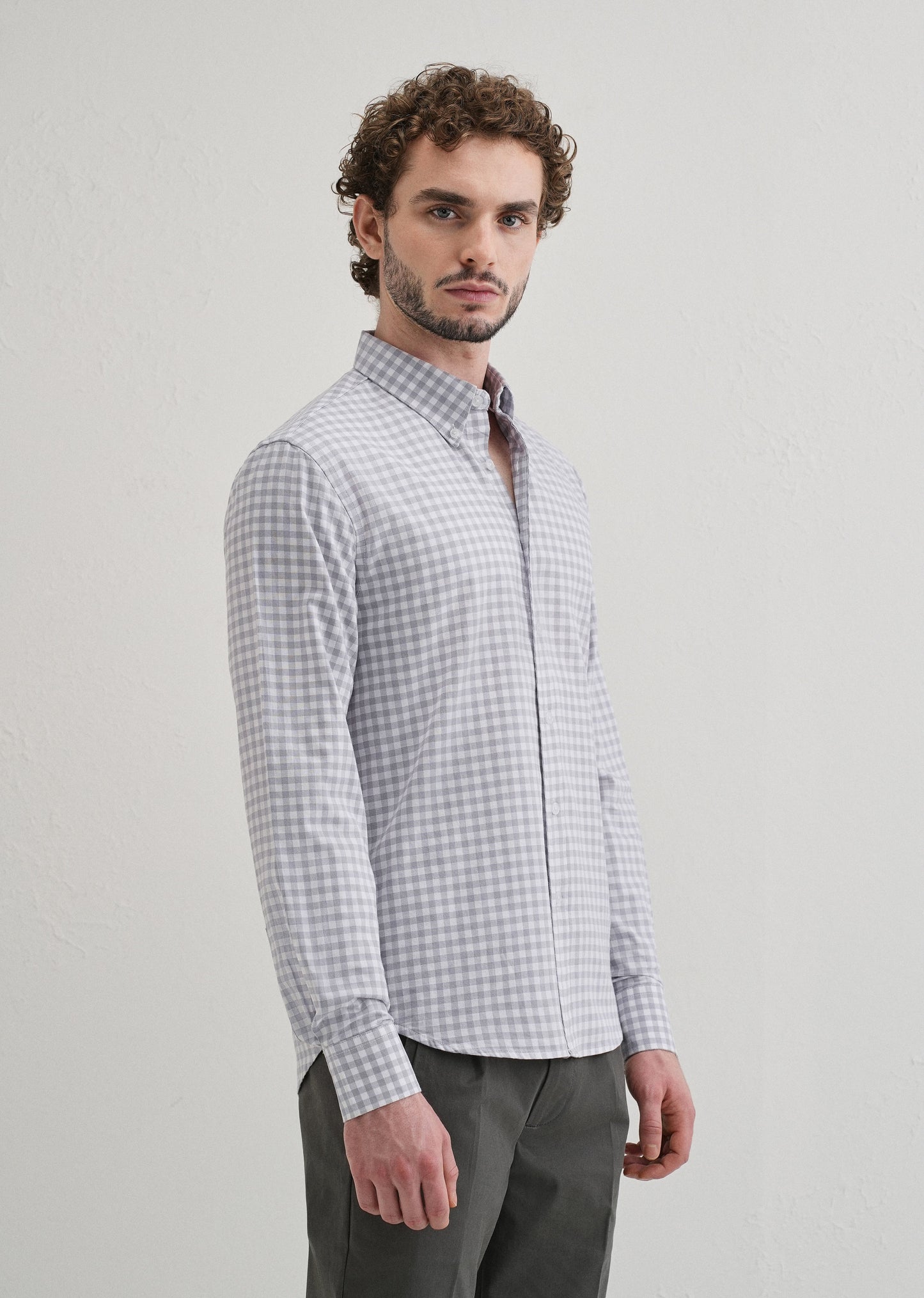Grey Gingham Check Cotton Oxford Shirt