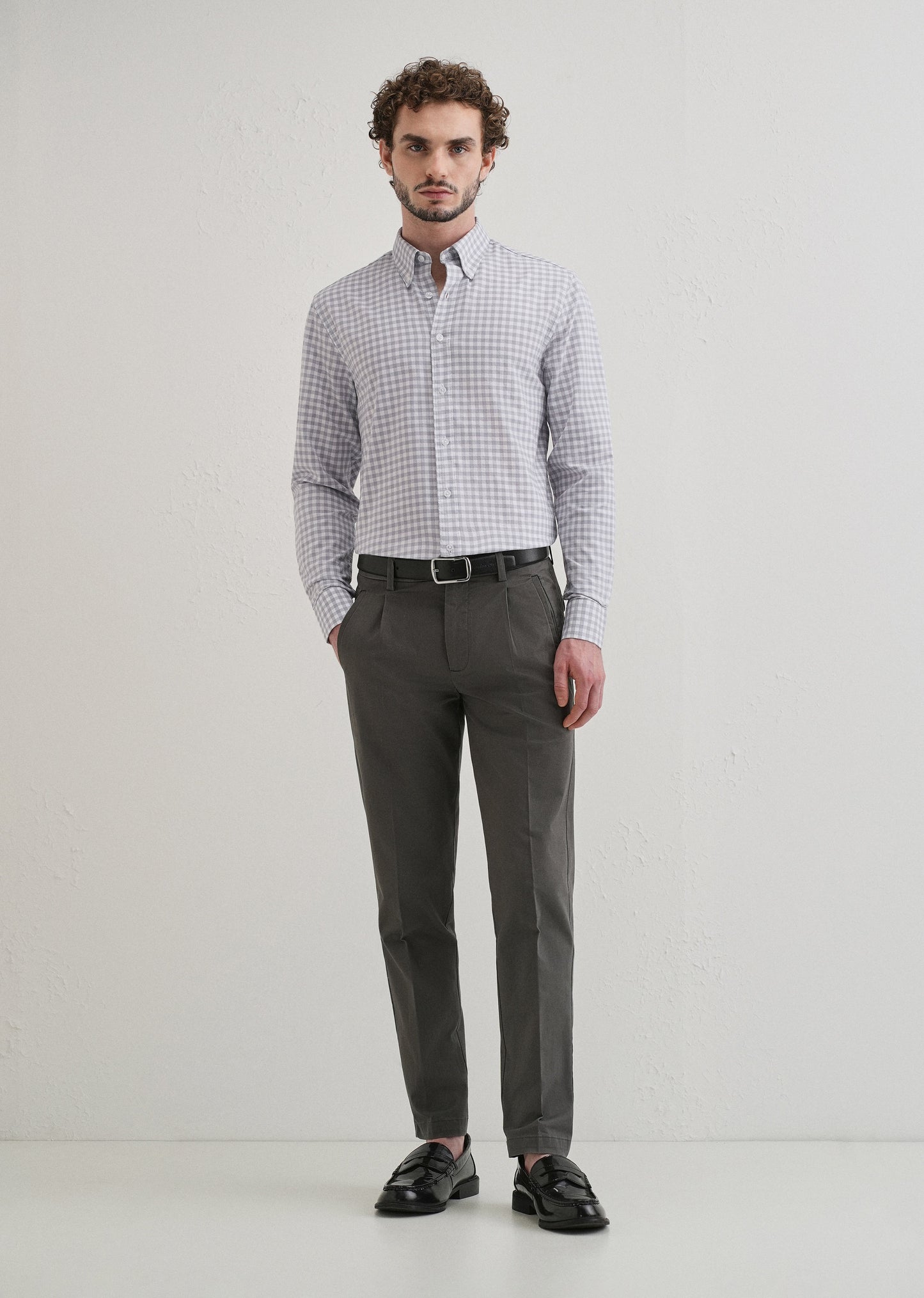 Grey Gingham Check Cotton Oxford Shirt