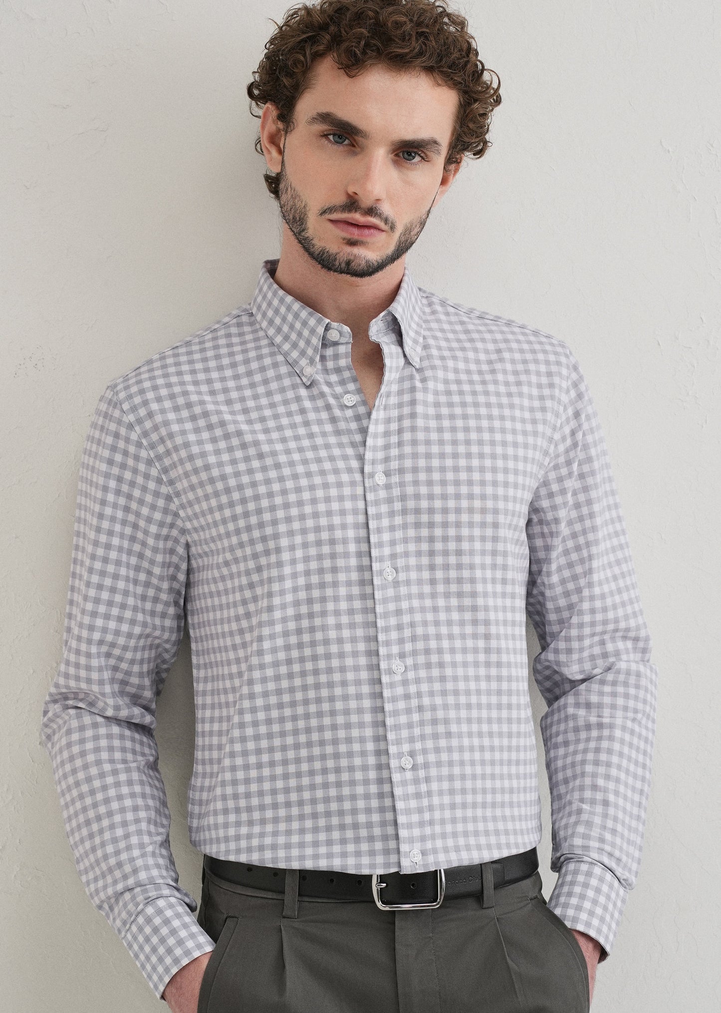 Grey Gingham Check Cotton Oxford Shirt
