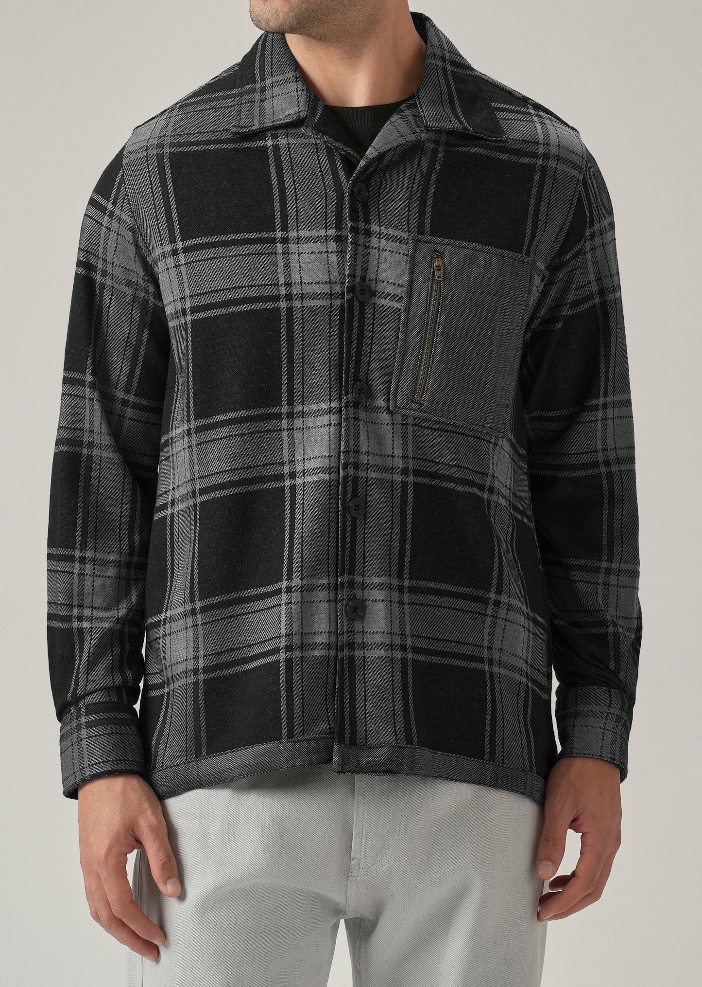 Grey Plaid Zip Pocket Shacket