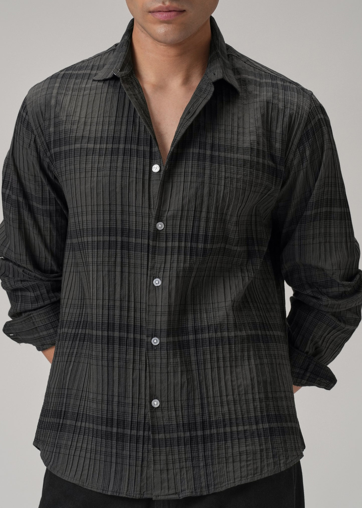 Self Pleat Grey Check Shirt