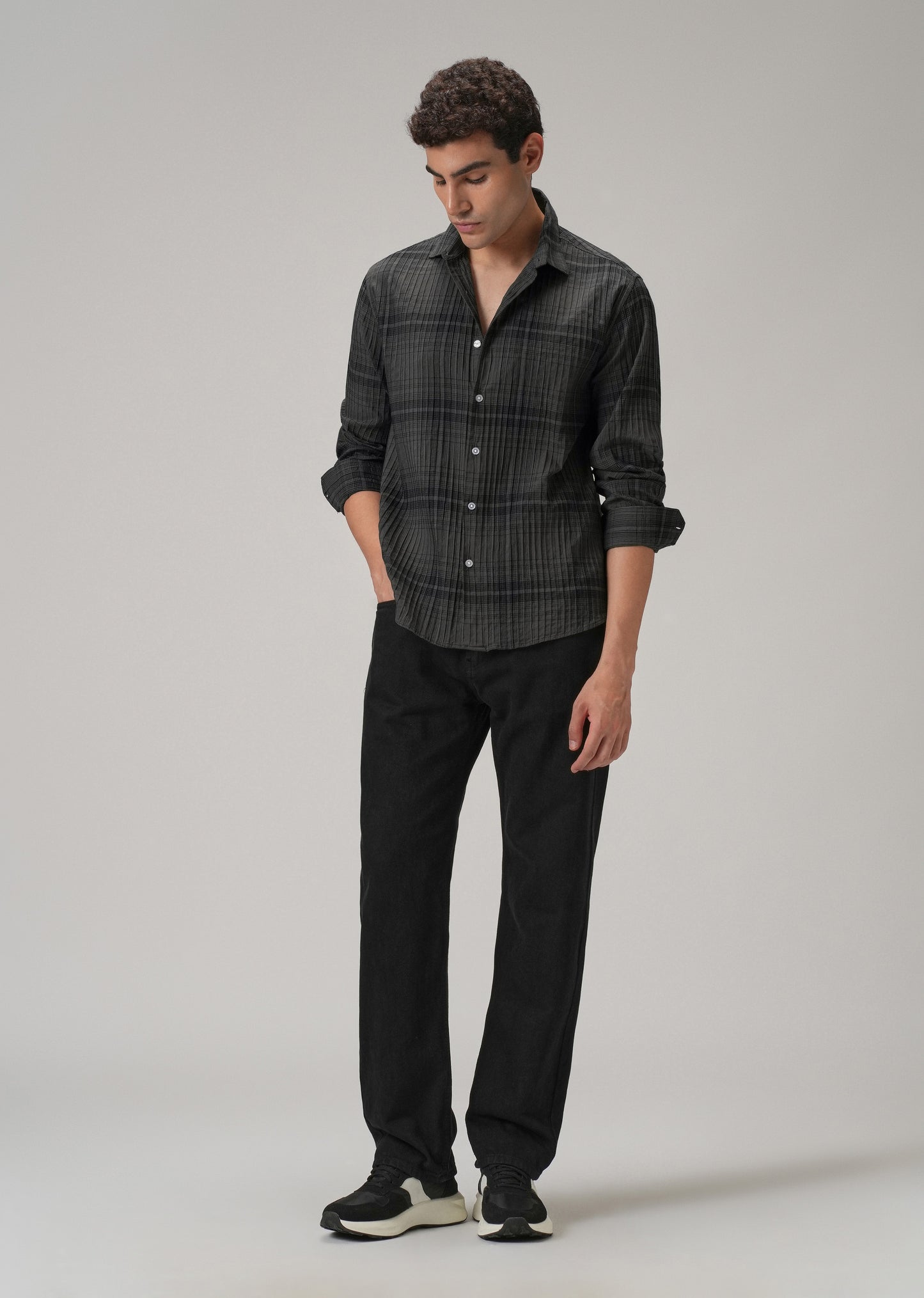 Self Pleat Grey Check Shirt