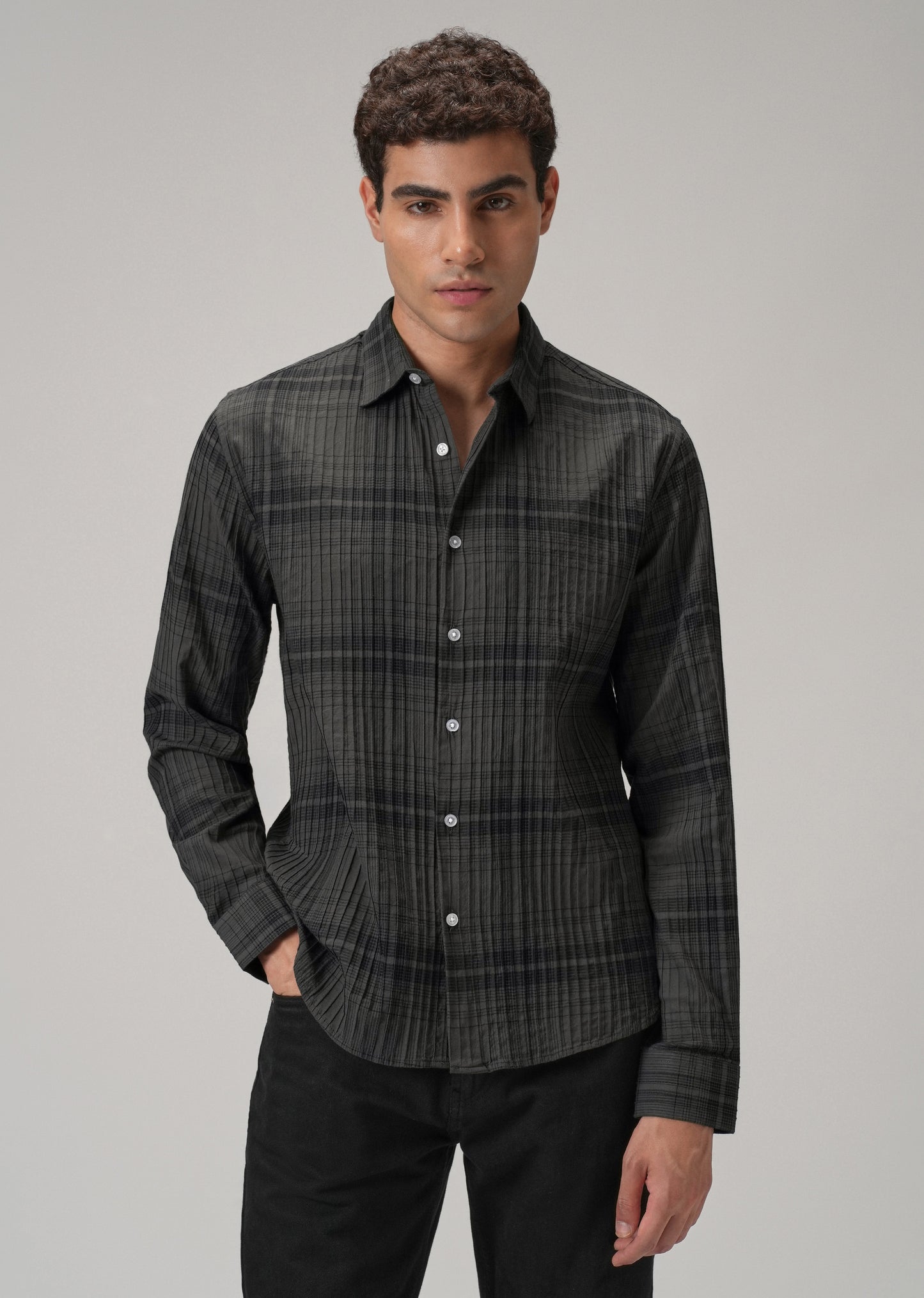 Self Pleat Grey Check Shirt