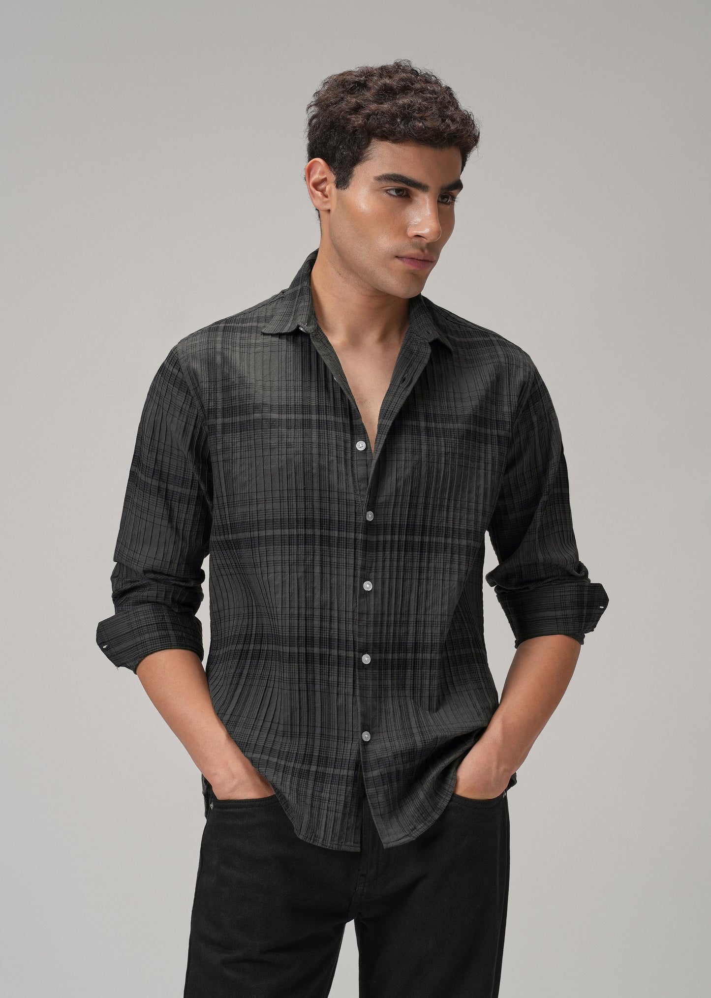 Self Pleat Grey Check Shirt