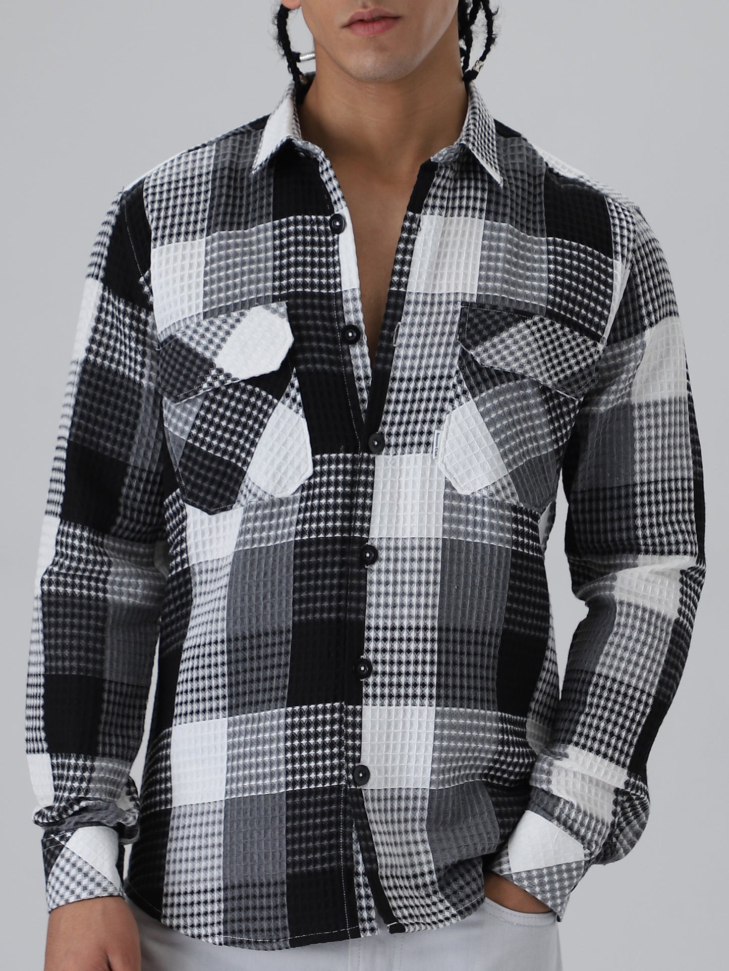 Grey Waffle Plaid Check Shirt
