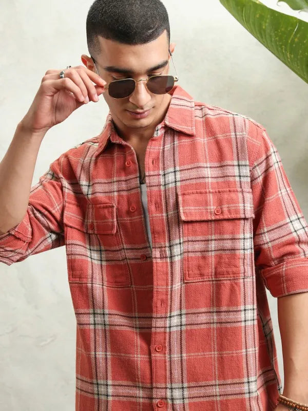 Highlander Men Rust Textured Dobby Checked Utlity Pocket Shirt