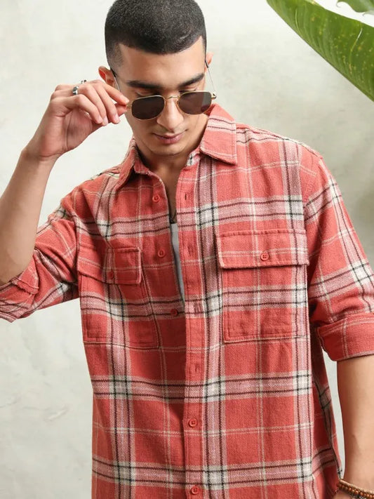Highlander Men Rust Textured Dobby Checked Utlity Pocket Shirt