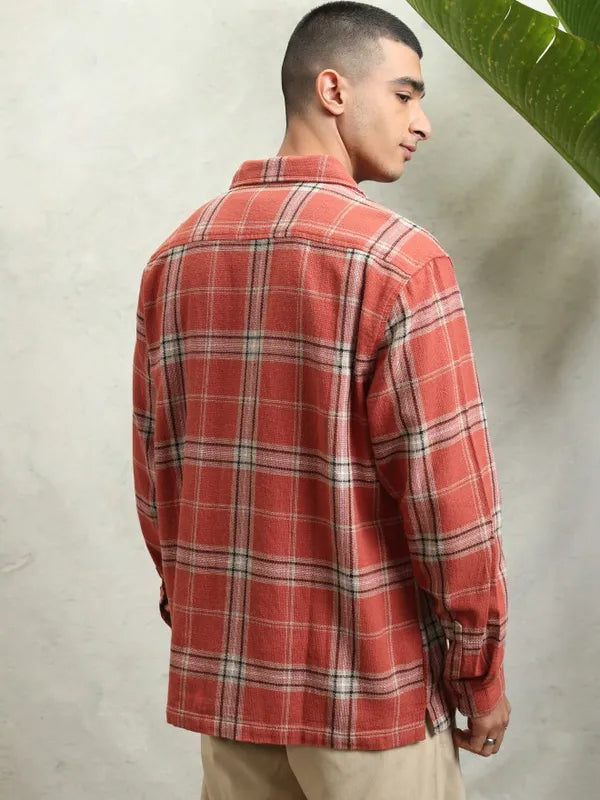 Highlander Men Rust Textured Dobby Checked Utlity Pocket Shirt