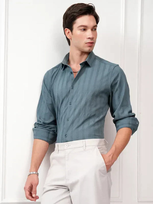 Highlander Men Teal Striped Slim Fit Casual Shirt