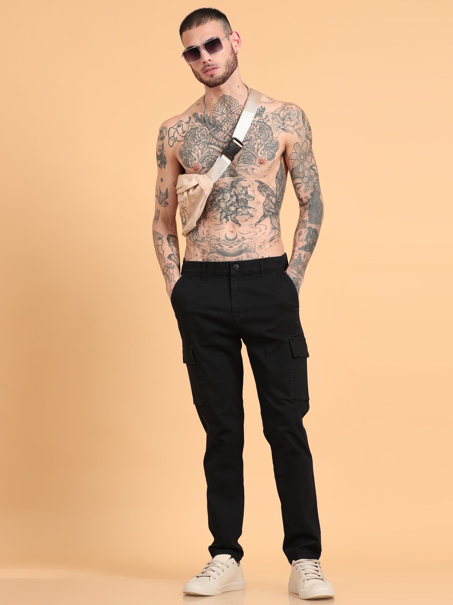 Pack of 2 Cotton Regular Fit Cargo Trousers, BLACK BROWN