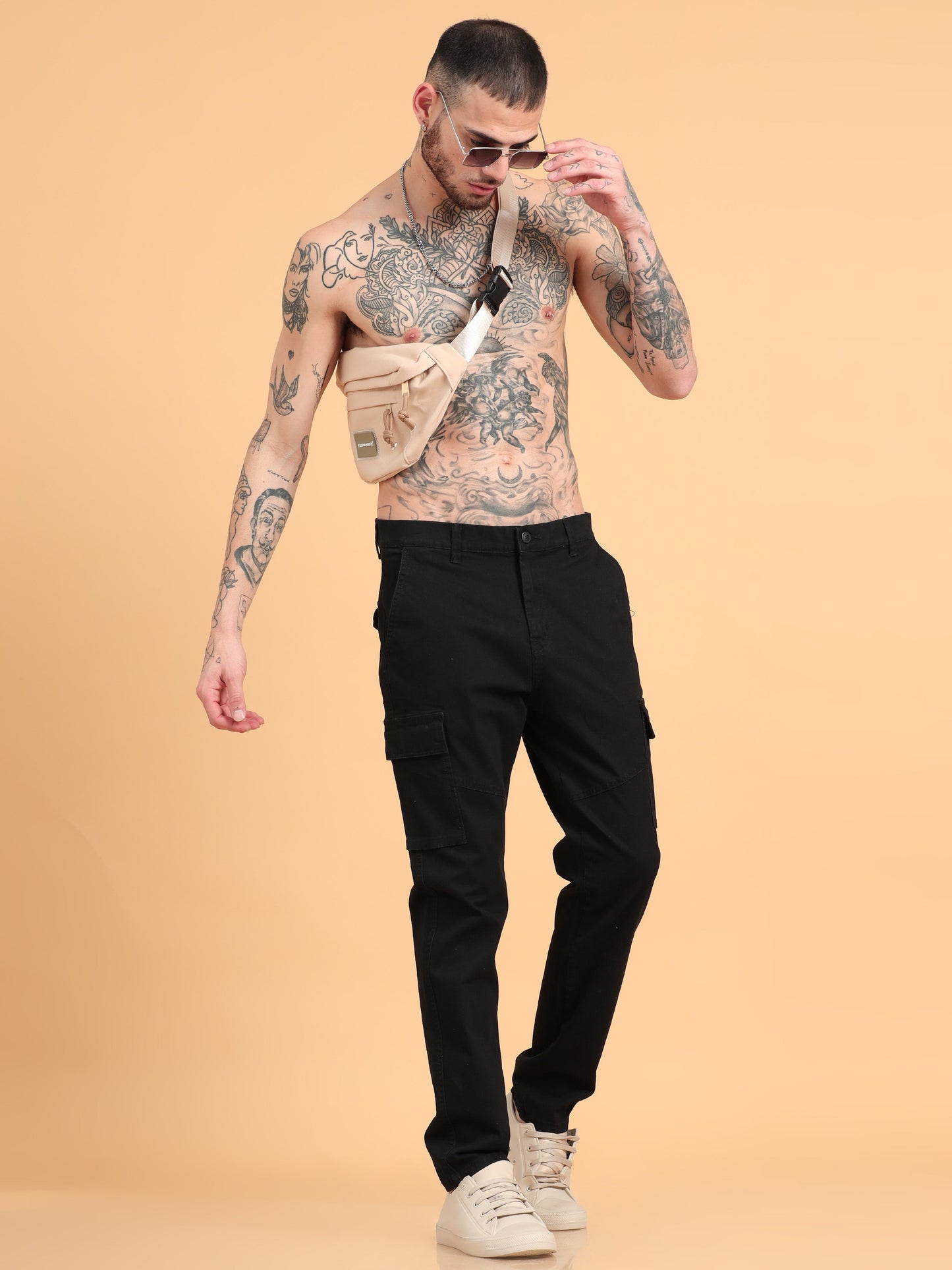 Pack of 2 Cotton Regular Fit Cargo Trousers, BLACK BROWN