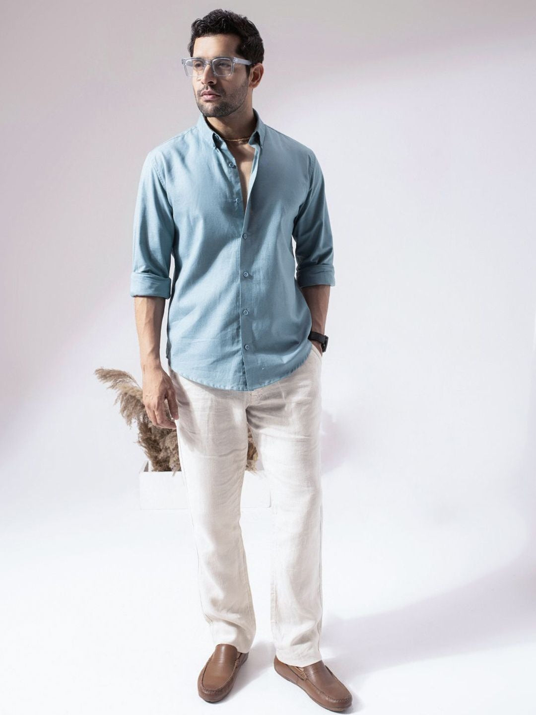 Perch Men Sky Blue Linen Cotton Button Down Solid Shirt