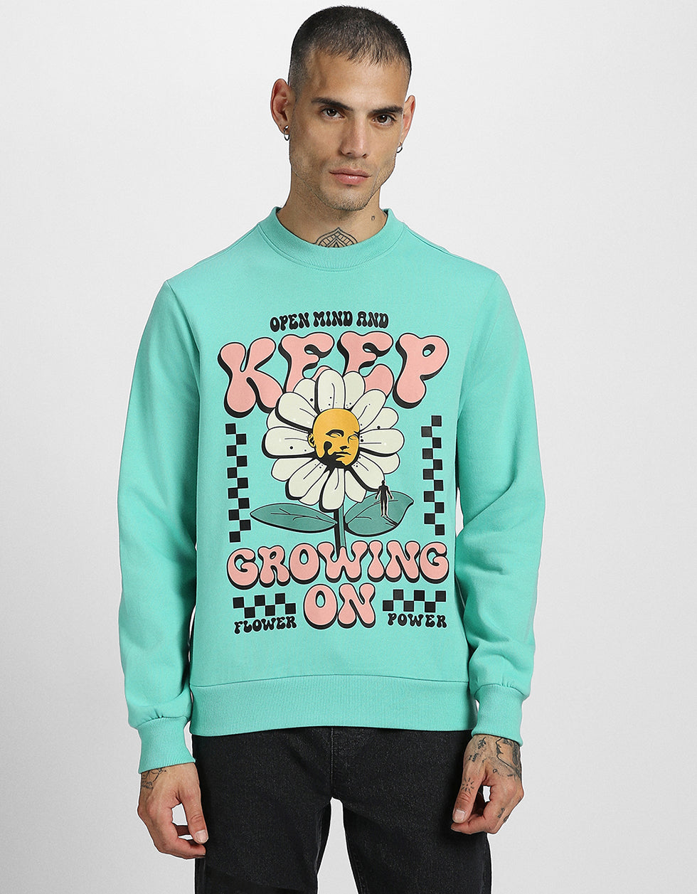 Keep Growing Green Front Printed Regular Fit Sweatshirt