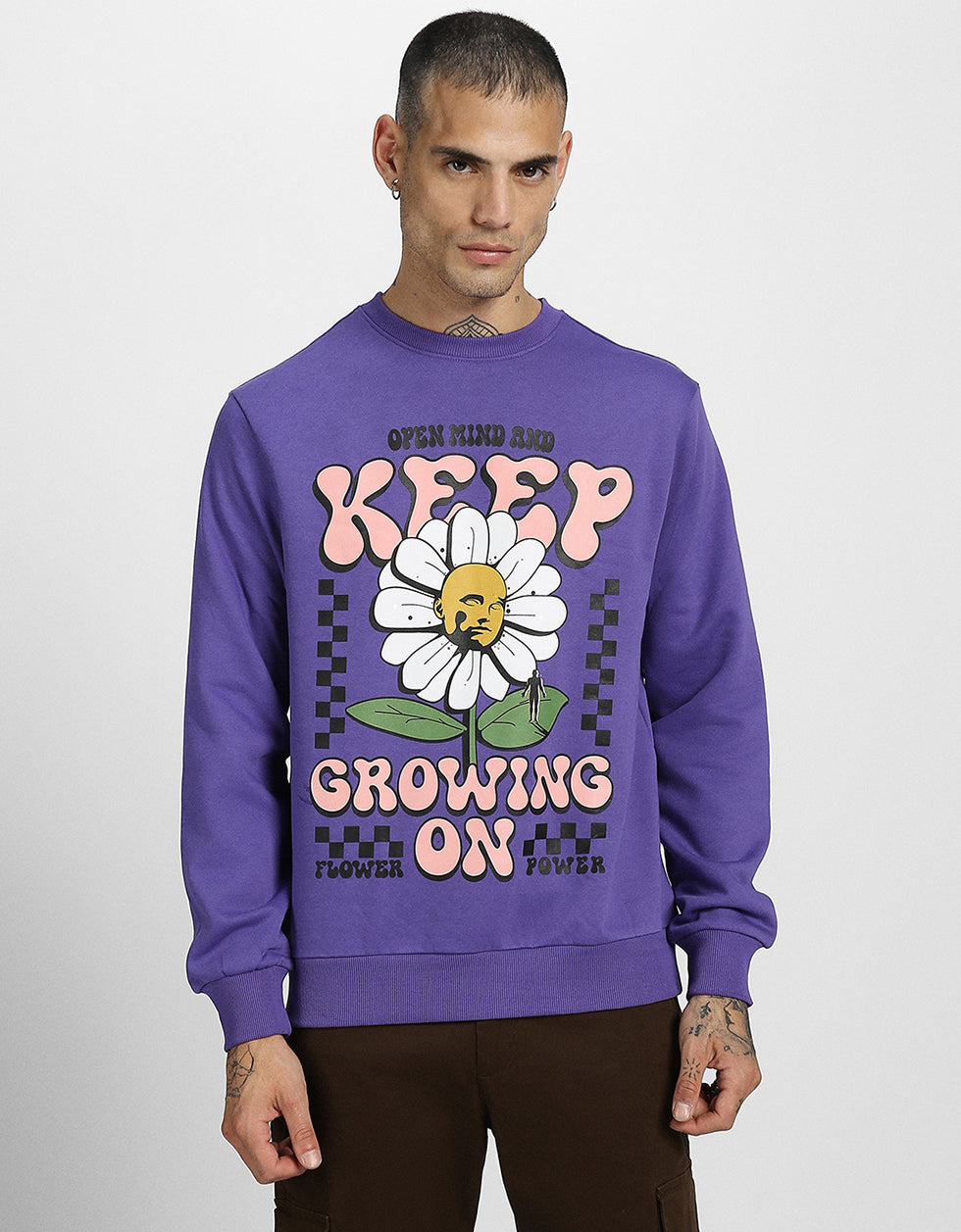 Keep Growing Purple Front Printed Regular Fit Sweatshirt