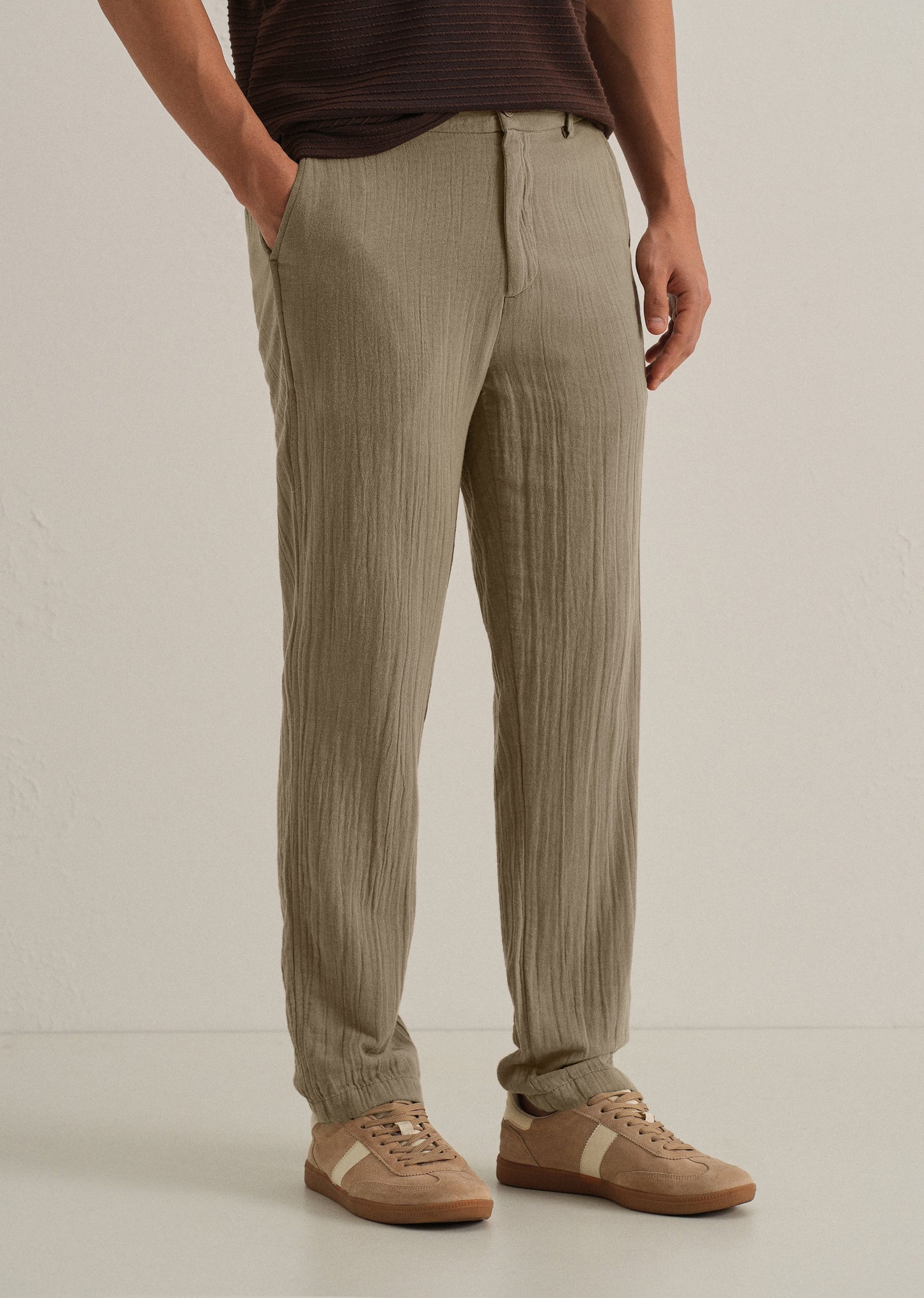 Khaki Crinkled Cotton Trouser