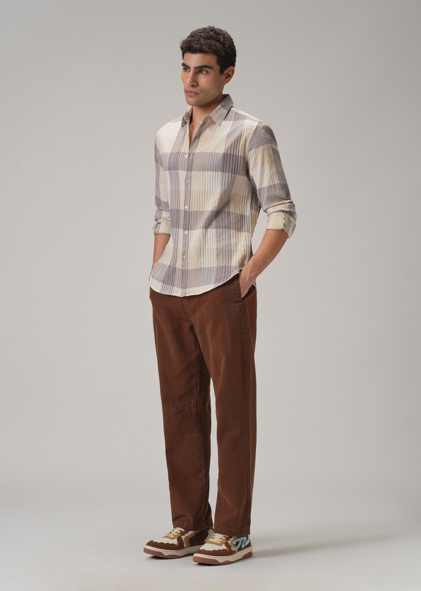 Self Pleat Lavender Beige Check Shirt