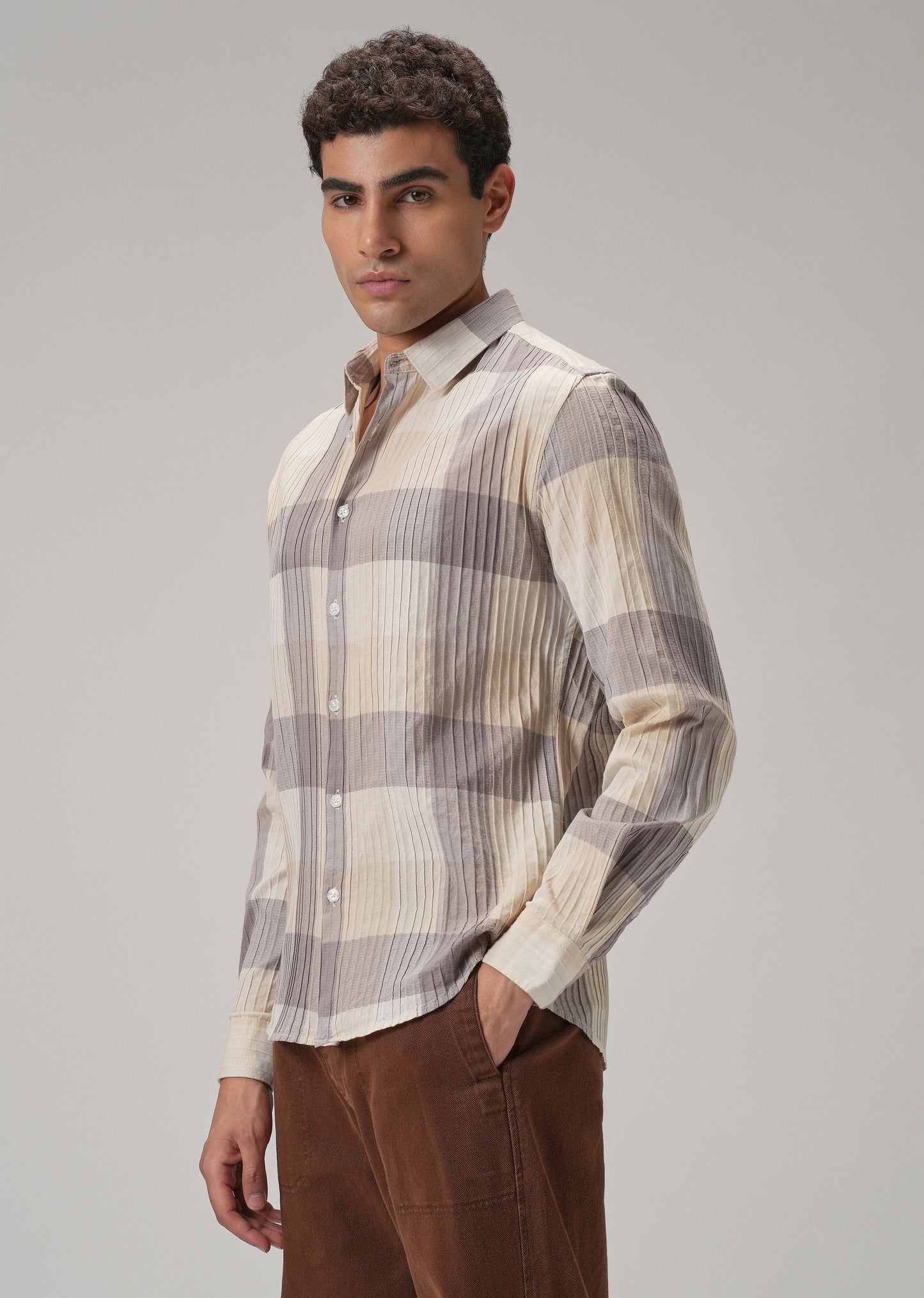 Self Pleat Lavender Beige Check Shirt
