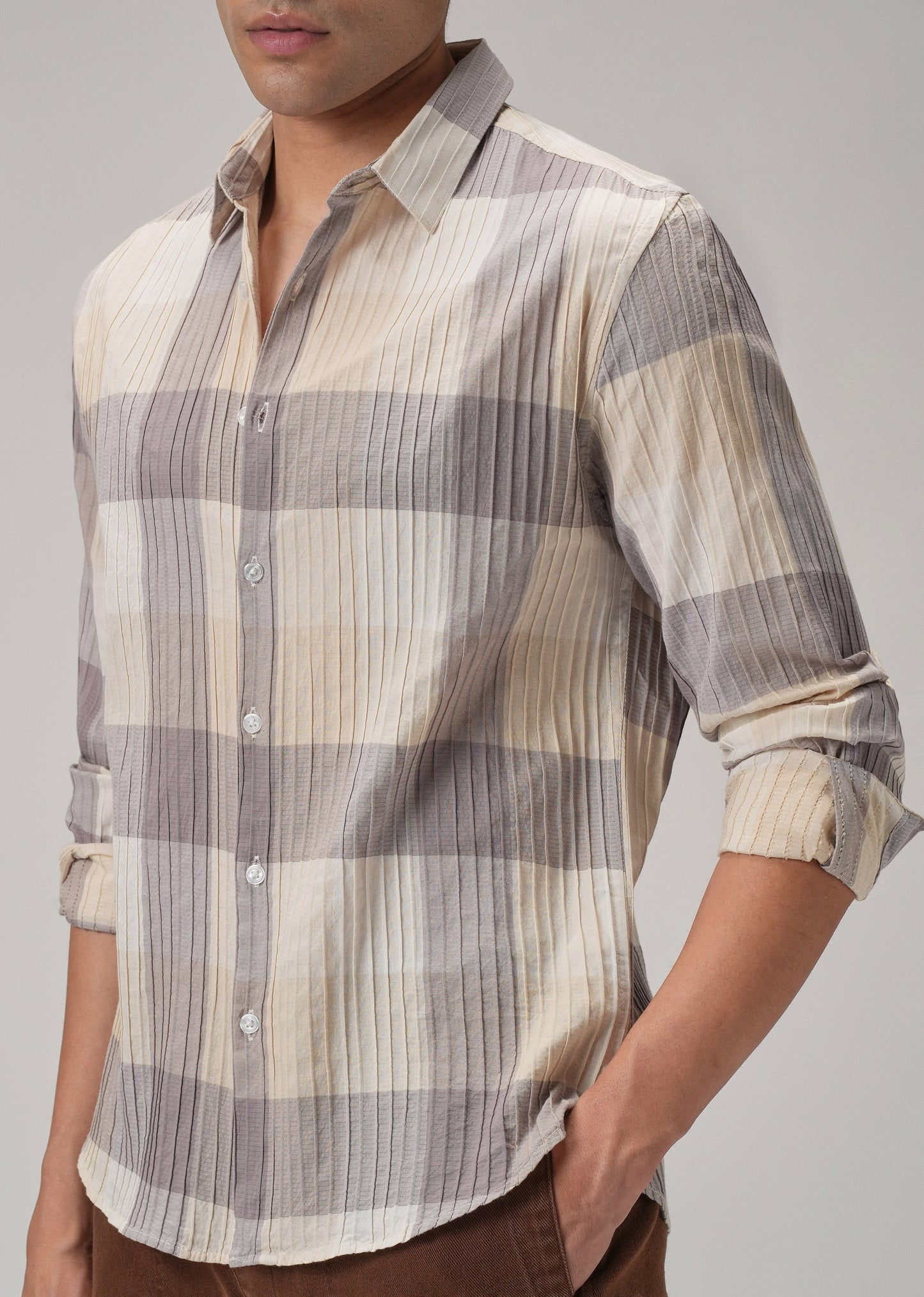 Self Pleat Lavender Beige Check Shirt