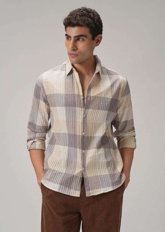 Self Pleat Lavender Beige Check Shirt