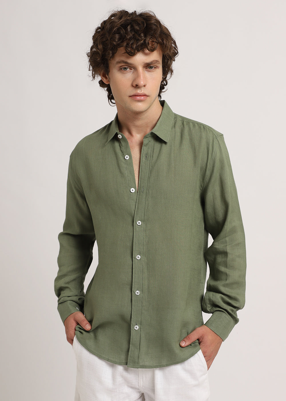 100% Pure Lichen Green Linen Shirt