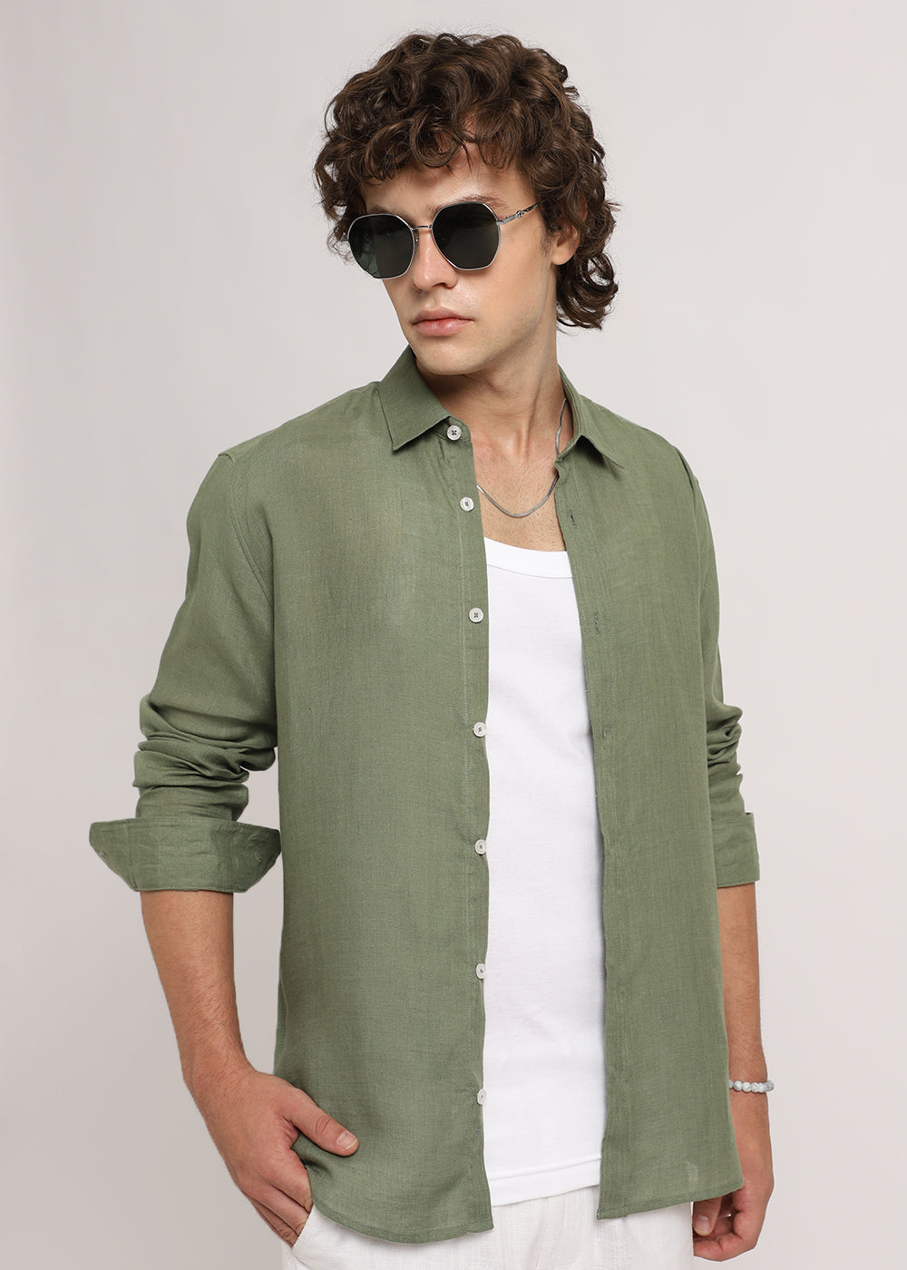 100% Pure Lichen Green Linen Shirt