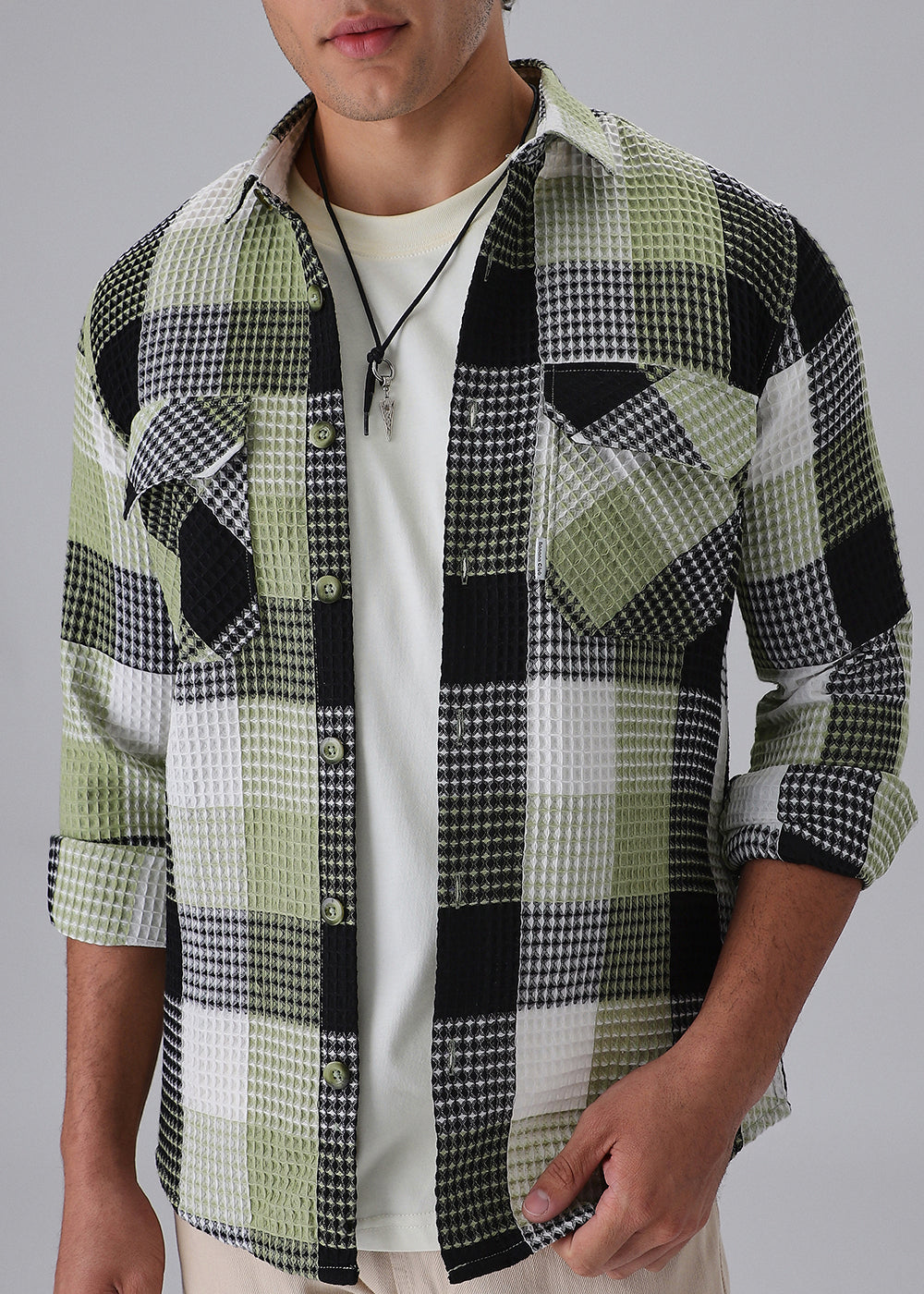Light Green Waffle Plaid Check Shirt