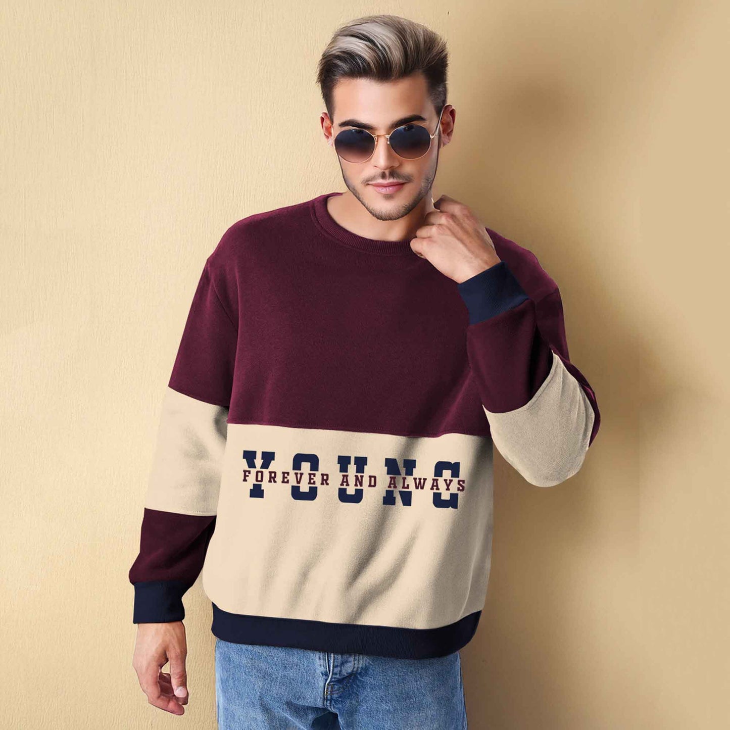 Trendy Round Neck Colorblock YOUNG Printed Maroon & Beige Sweatshirt