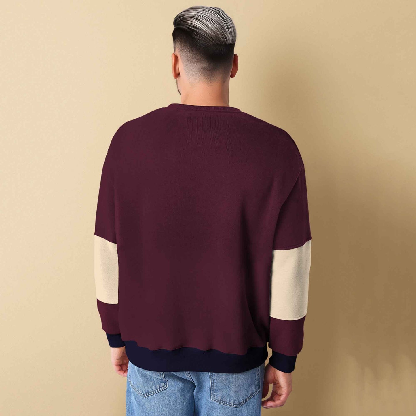 Trendy Round Neck Colorblock YOUNG Printed Maroon & Beige Sweatshirt